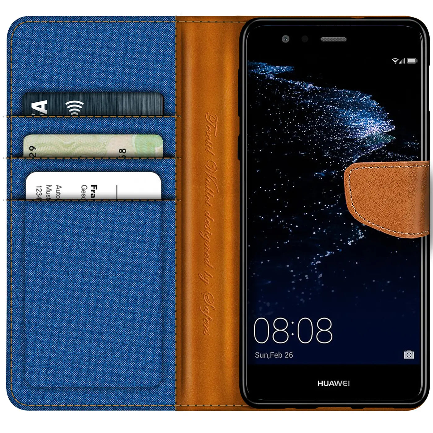 Blaue Textil-Klapphülle mit braunen Lederdetails, Huawei P10 Lite mit Kartenfächern.