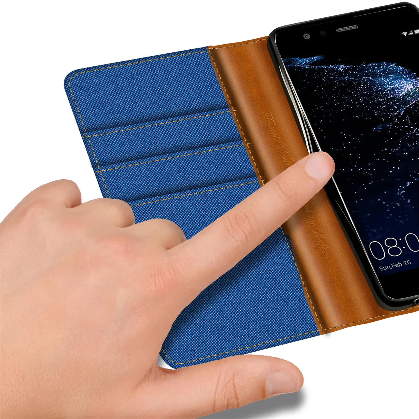 Blaue Textil-Klapphülle mit braunen Lederdetails, von oben, Huawei P10 Lite erkennbar.