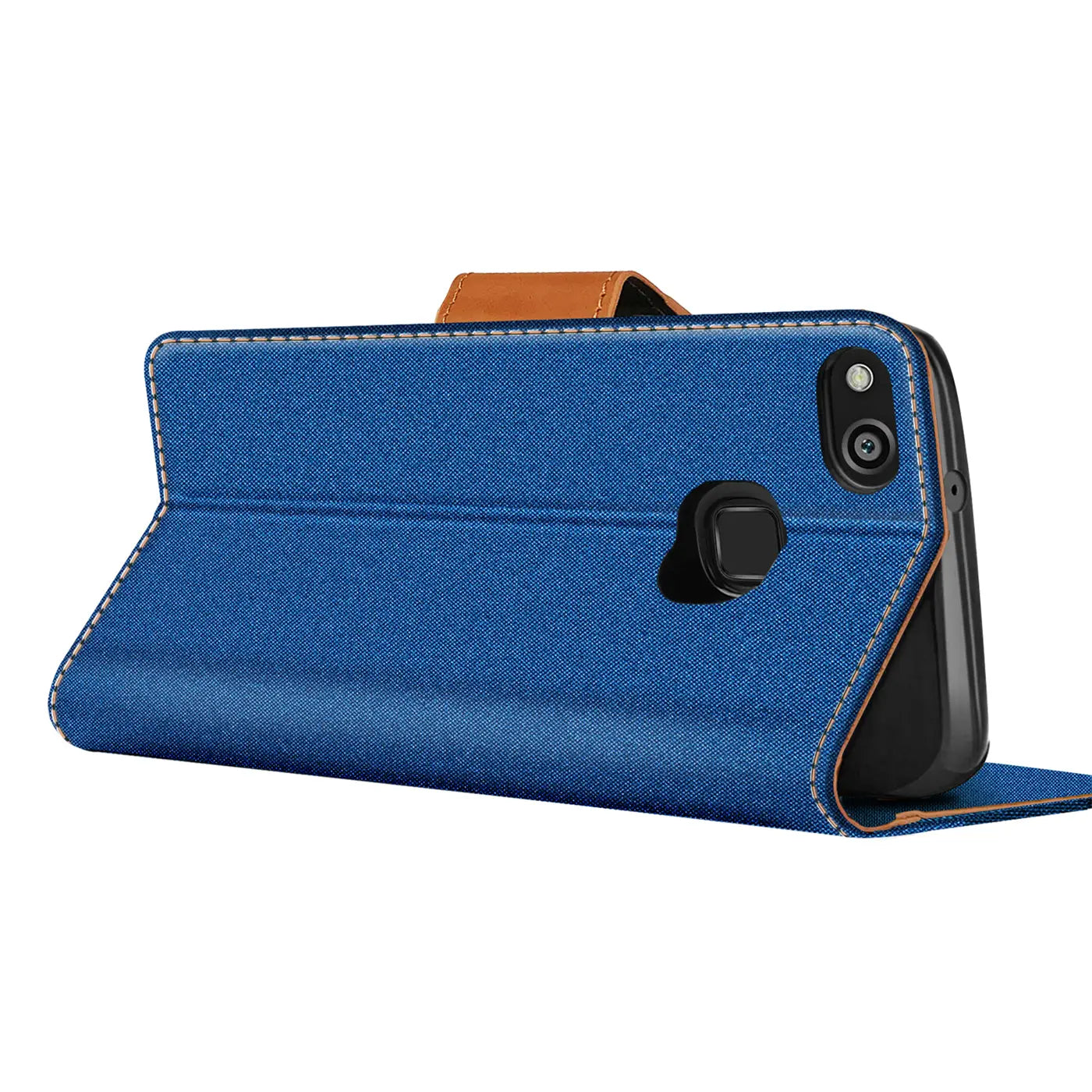 Blaue Textil-Klapphülle für Huawei P10 Lite, von schräg oben, mit braunem Verschluss.