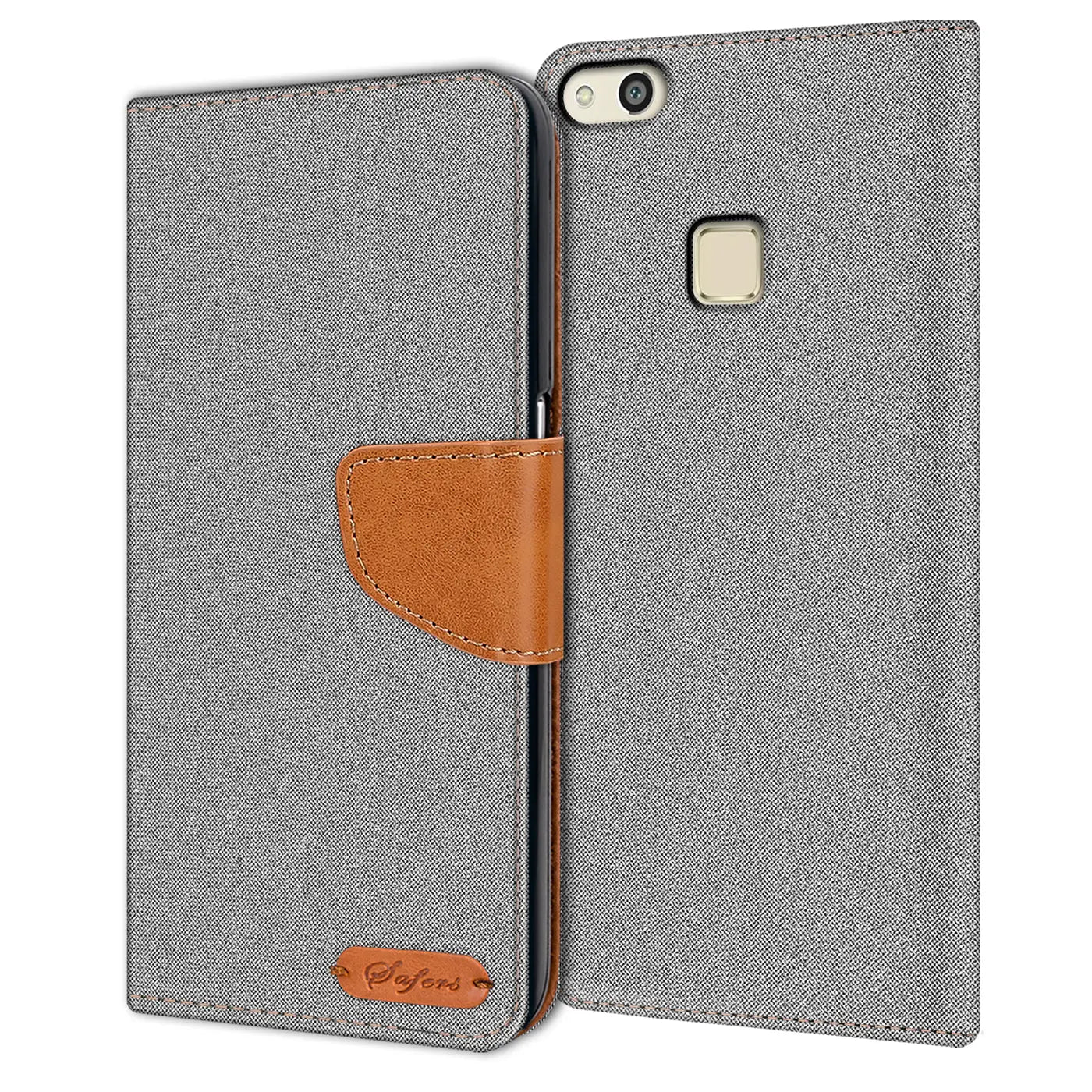 Graue Textil-Klapphülle mit braunem Lederdetail und Kartenfach für Huawei P10 Lite.