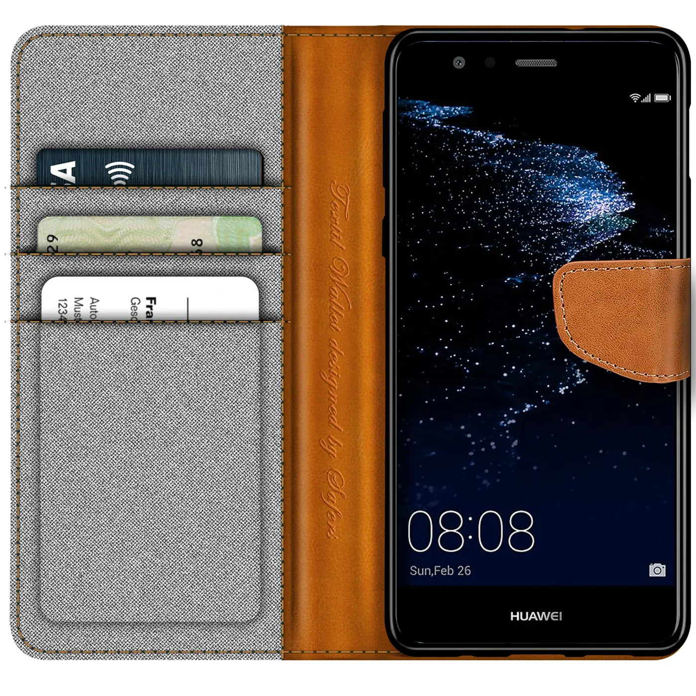 Graue Textil-Klapphülle mit braunem Lederdetail, Kartenfächer, Huawei P10 Lite.