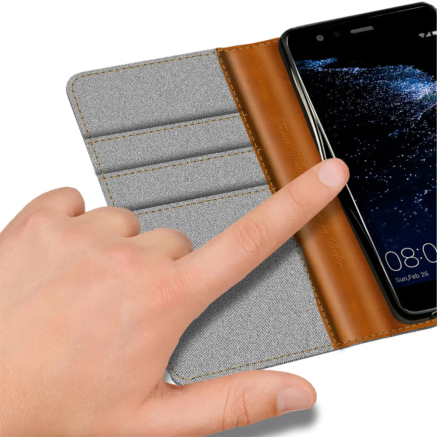 Graue Textil-Klapphülle mit braunen Lederdetails und Kartenfächern, zeigt Huawei P10 Lite.