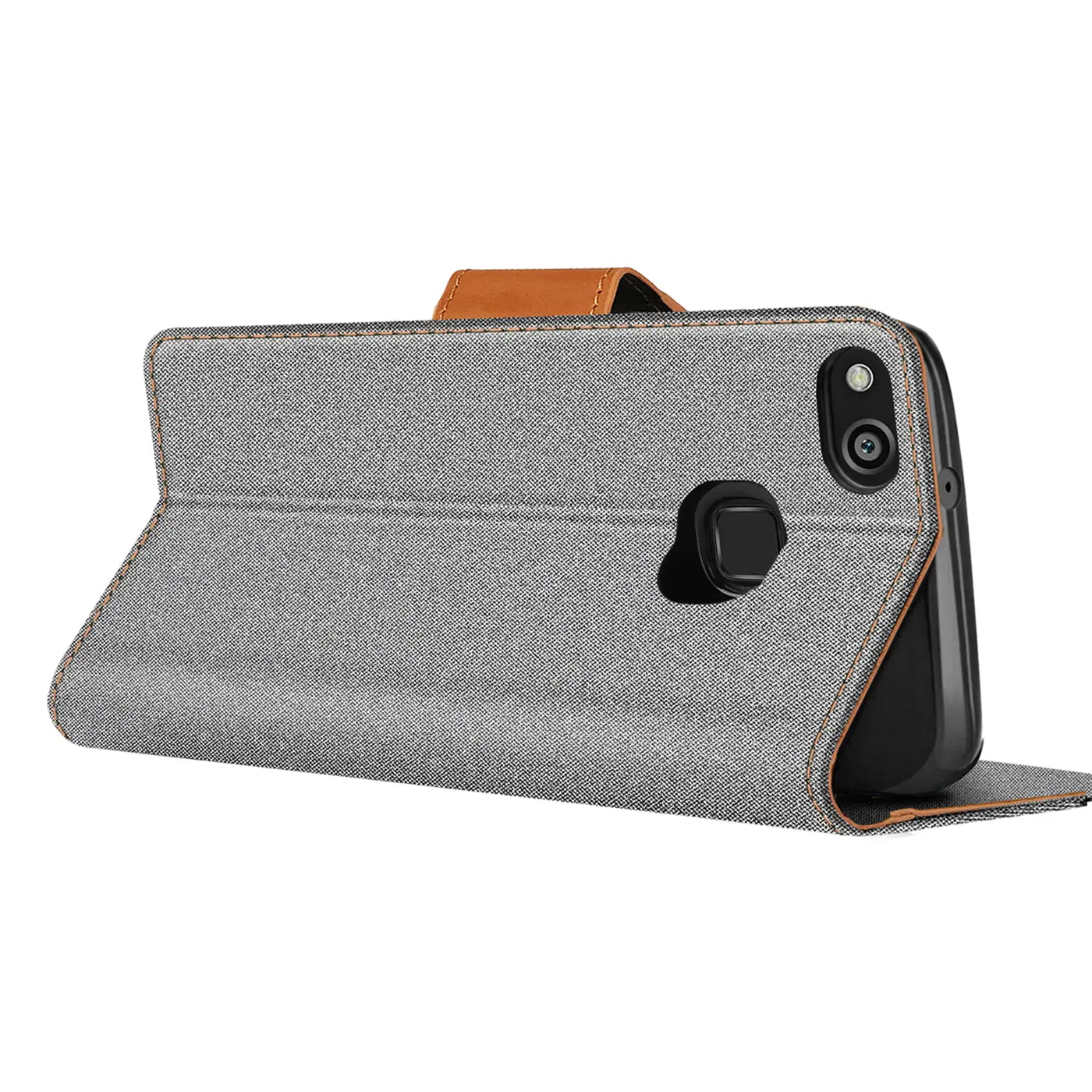 Graue Textil-Klapphülle mit braunem Riemen, seitliche Ansicht, zeigt Huawei P10 Lite.