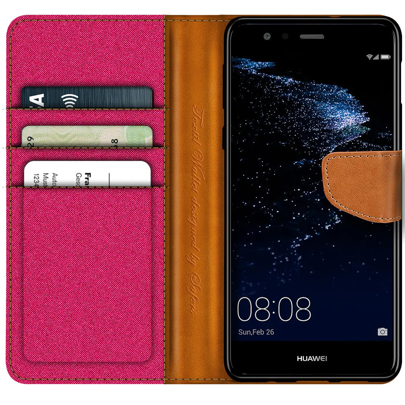 Textil-Klapphülle in Pink mit braunen Lederdetails, Kartenfächer, Huawei P10 Lite.