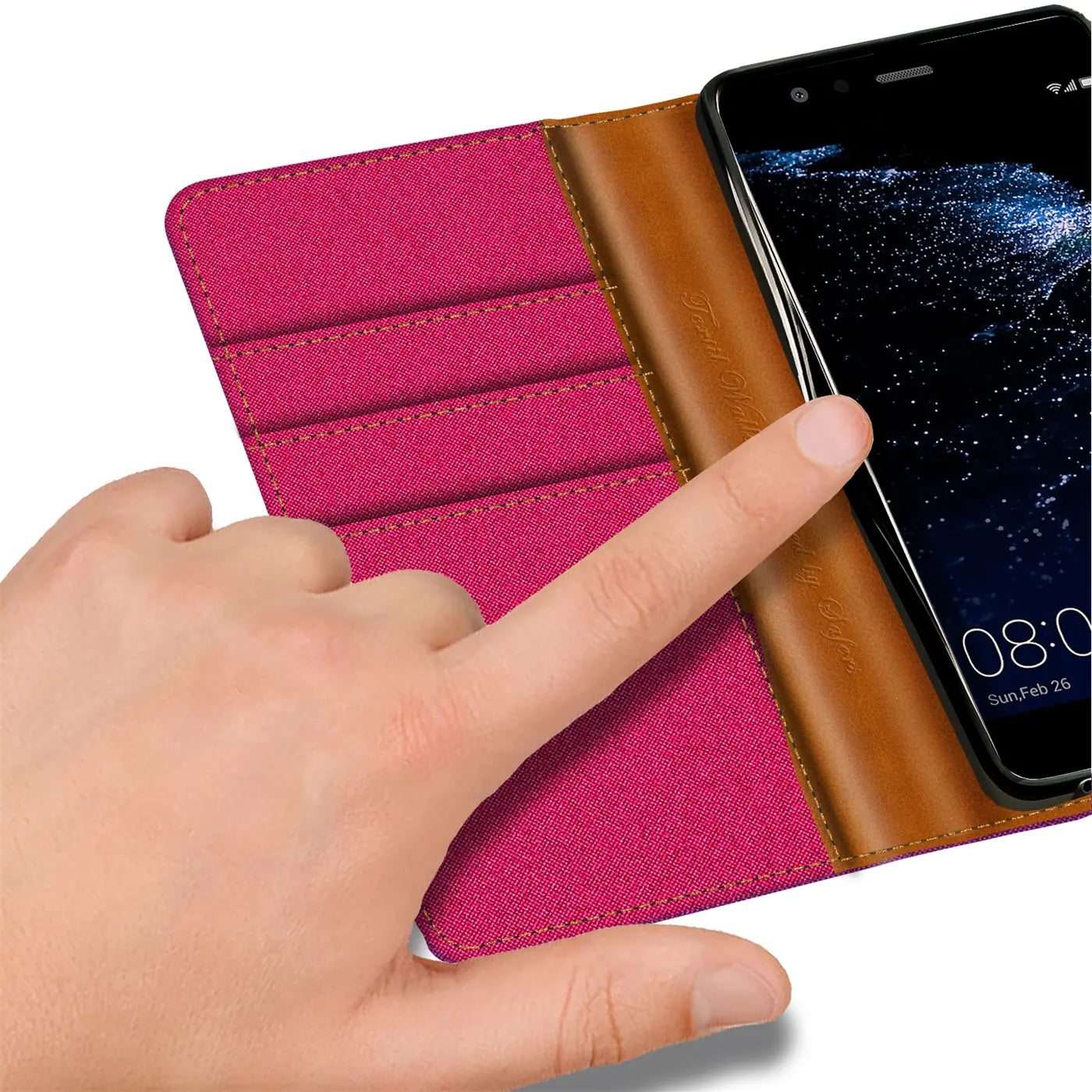 Pink Textil Klapphülle mit braunem Leder, Nahaufnahme, Huawei P10 Lite erkennbar.