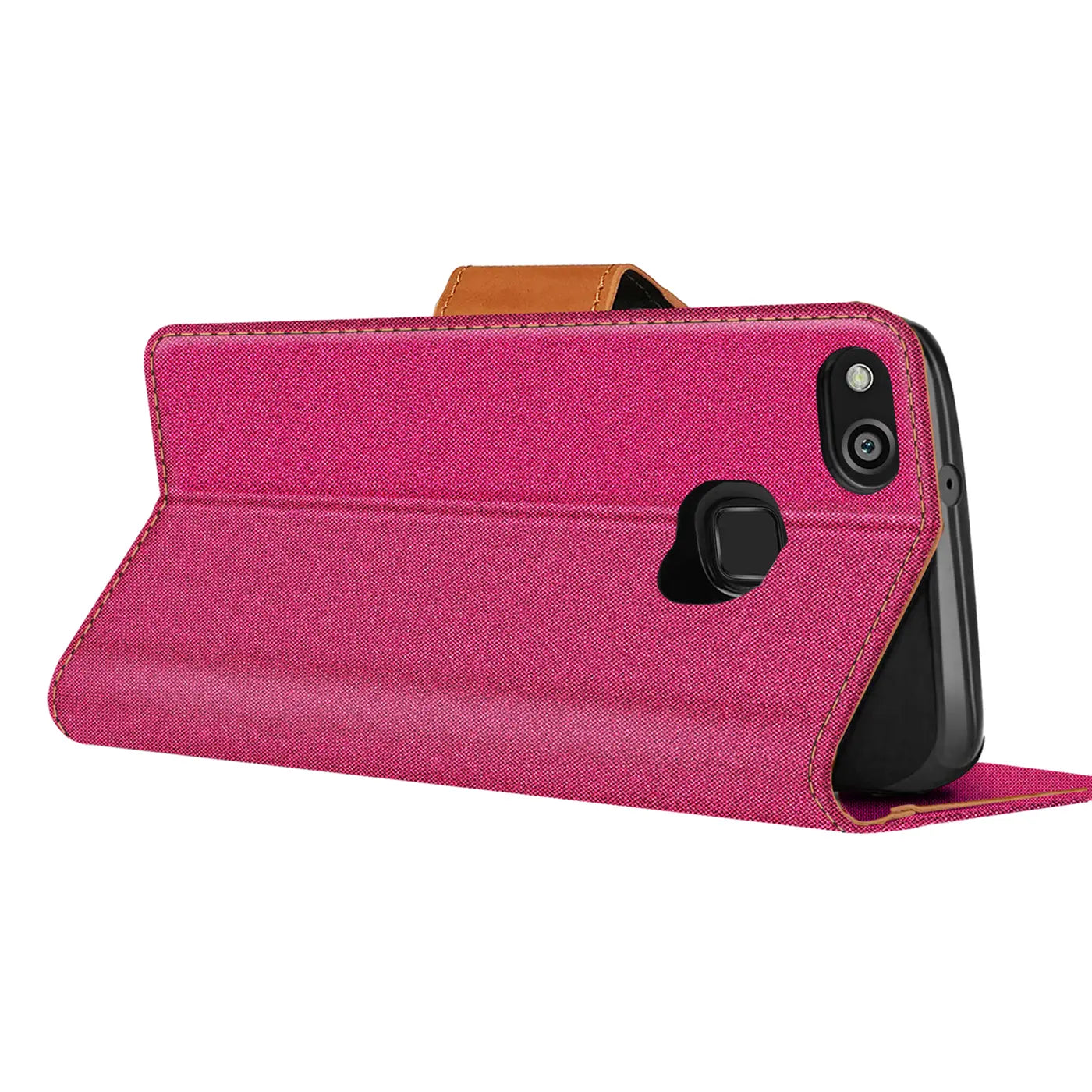 Fuchsia Textil Klapphülle mit braunem Verschluss, Huawei P10 Lite, Seitenansicht