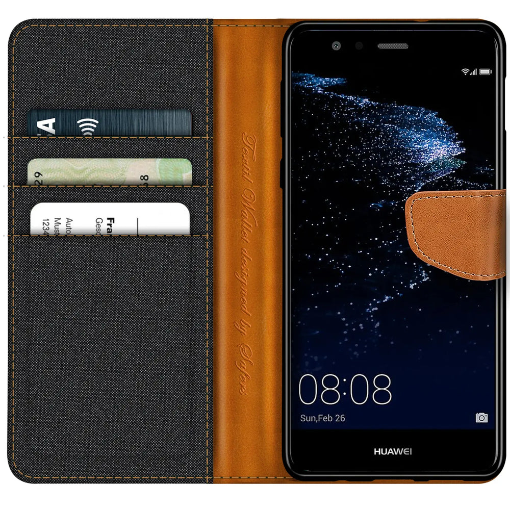 Huawei P10 Lite Klapphülle im Jeanslook mit Karten- und Geldfach