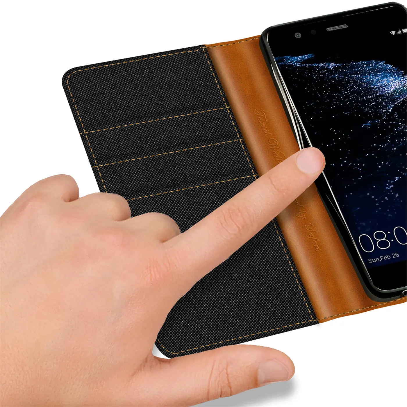 Schwarze Textil-Klapphülle mit braunen Lederakzenten, zeigt Huawei P10 Lite, von oben.