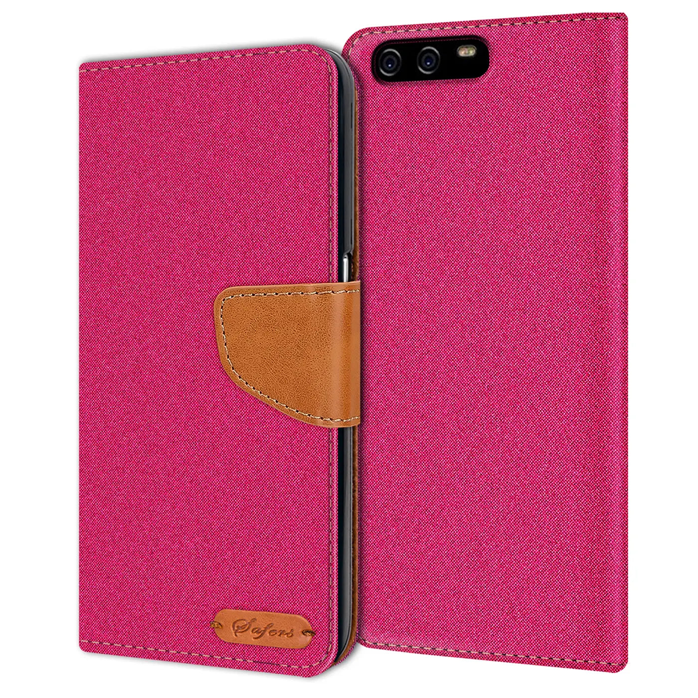 Fuchsia Textil Klapphülle mit braunem Lederdetail, Vorderansicht, Huawei P10 sichtbar.
