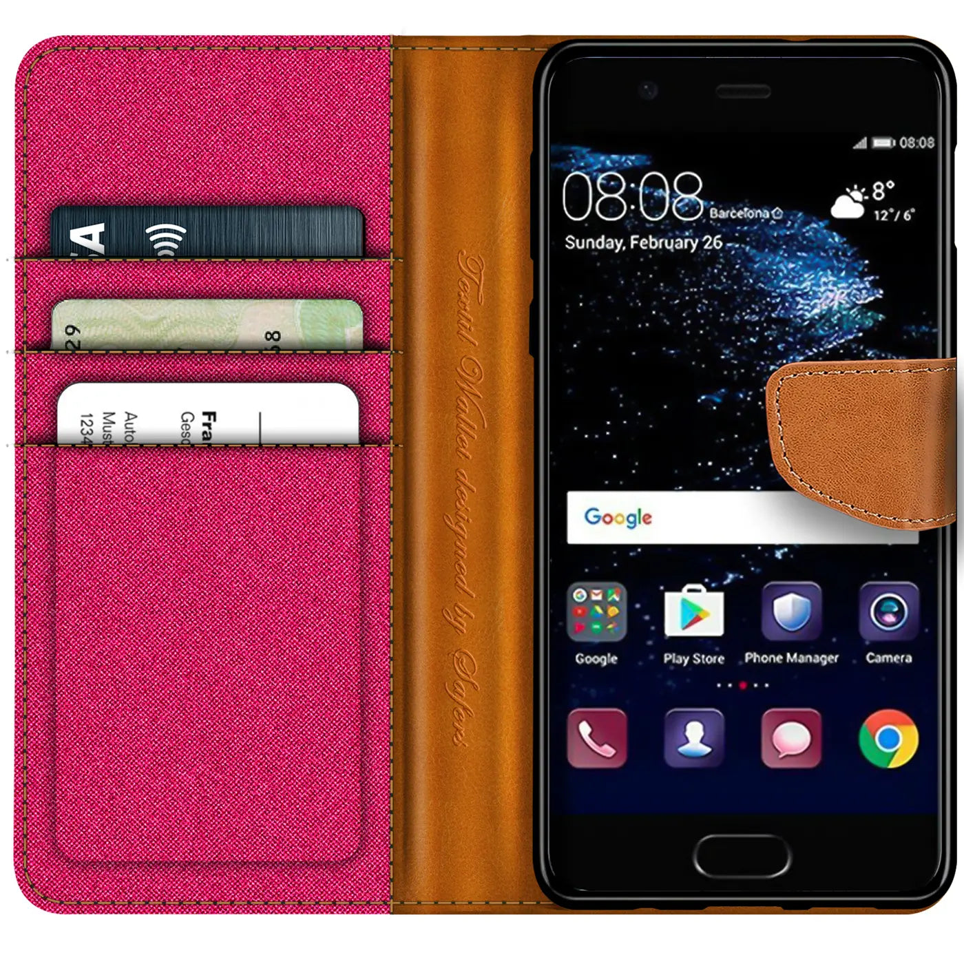 Huawei P10 in brauner Leder-Klapphülle mit pinkem Textil-Innenfutter und Kartenfächern.