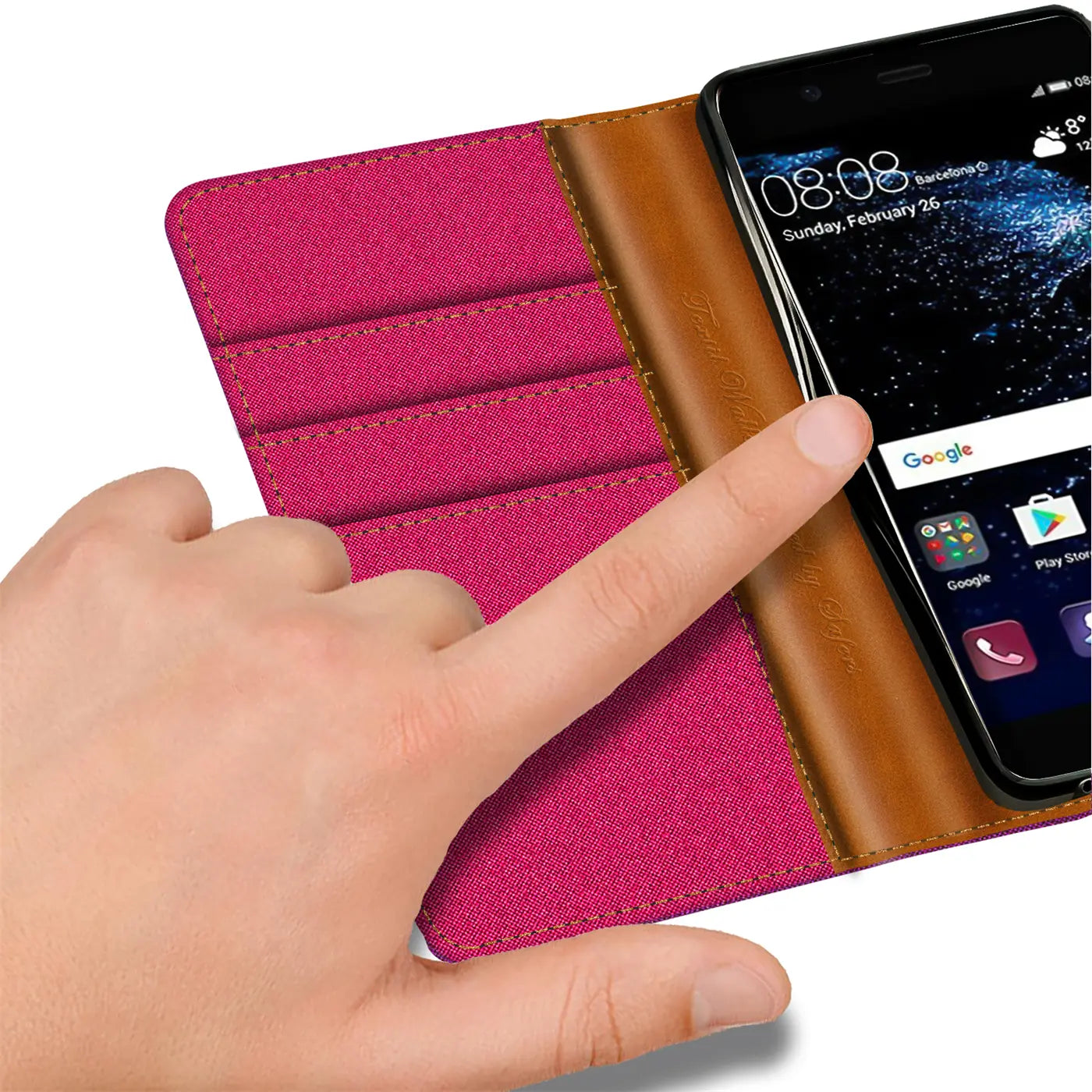 Pink Textil Klapphülle mit Kartenfach, braunem Leder, Huawei P10, Nahaufnahme.