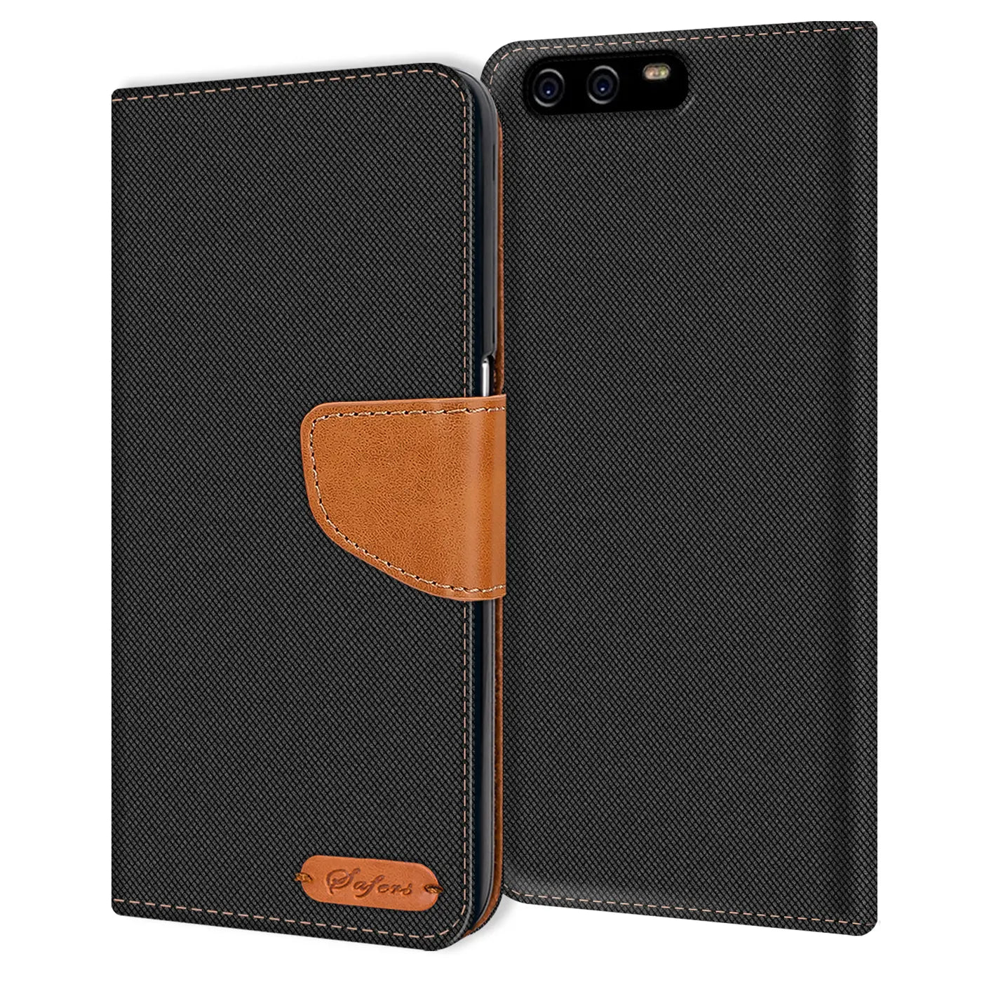 Schwarze Textil-Klapphülle mit braunem Lederriemen, Vorder- und Rückansicht, Huawei P10 erkennbar.