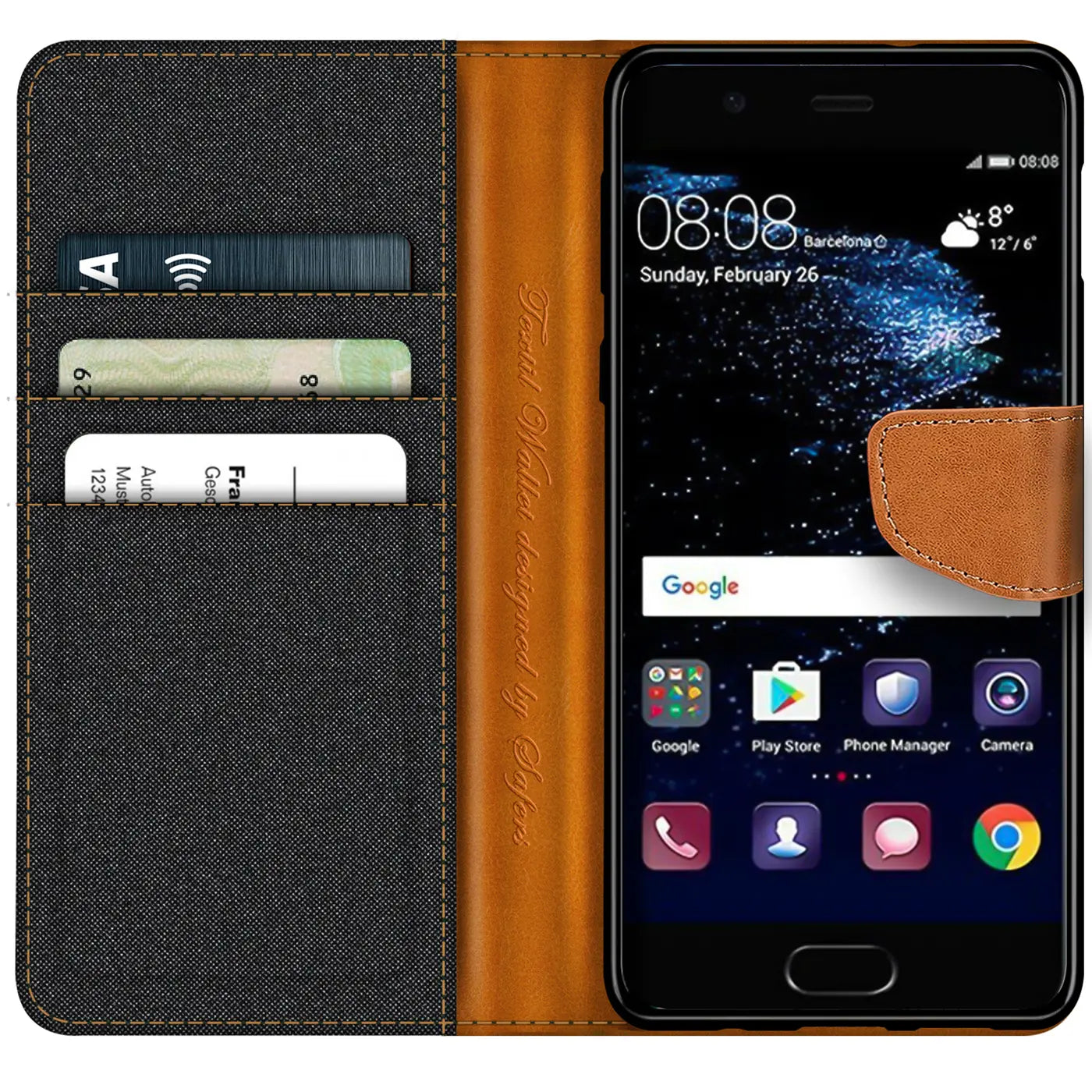 Textil-Klapphülle mit Kartenfach, braun/schwarz, für Huawei P10, von vorne