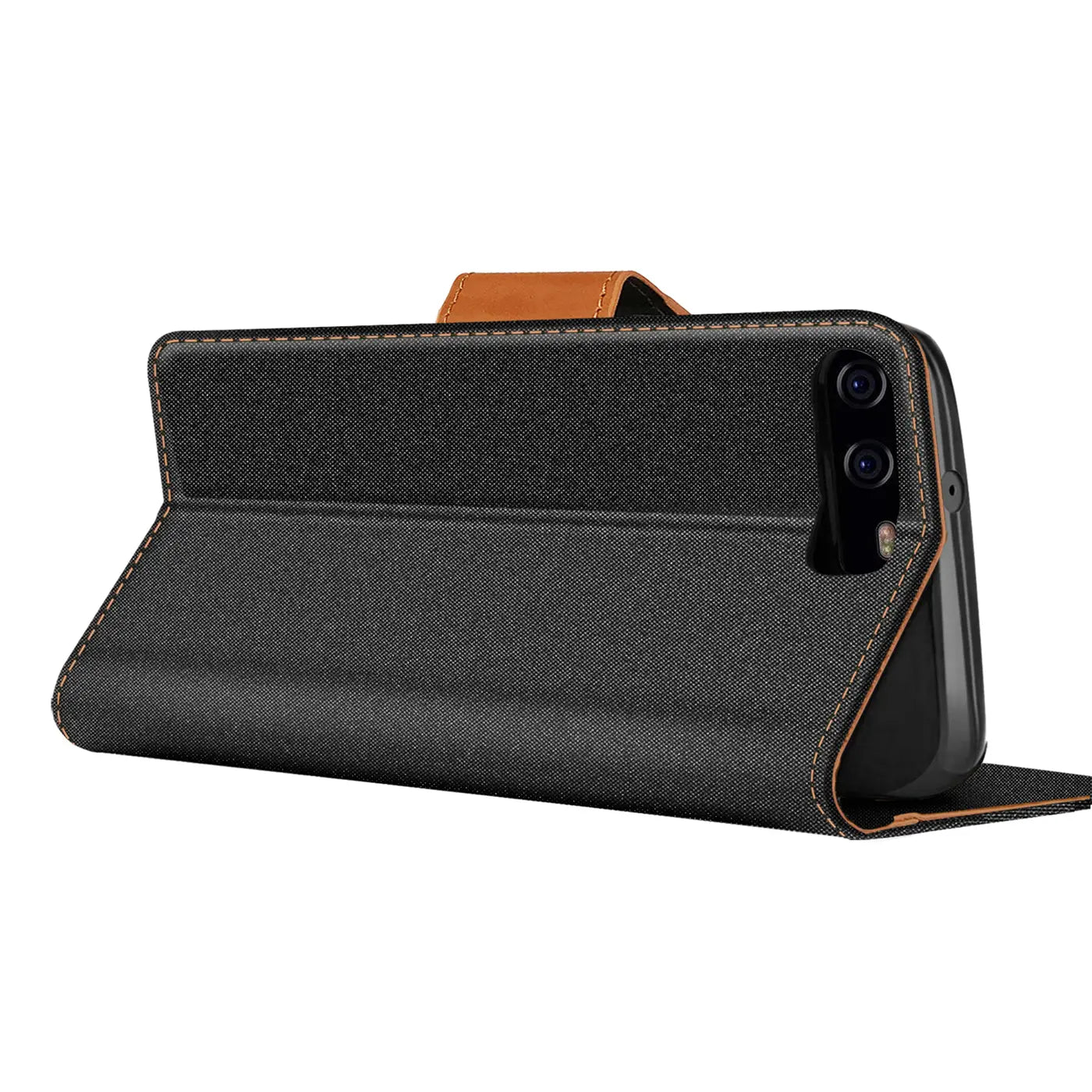 Schwarze Textil-Klapphülle mit braunen Akzenten für Huawei P10, von der Seite gesehen.