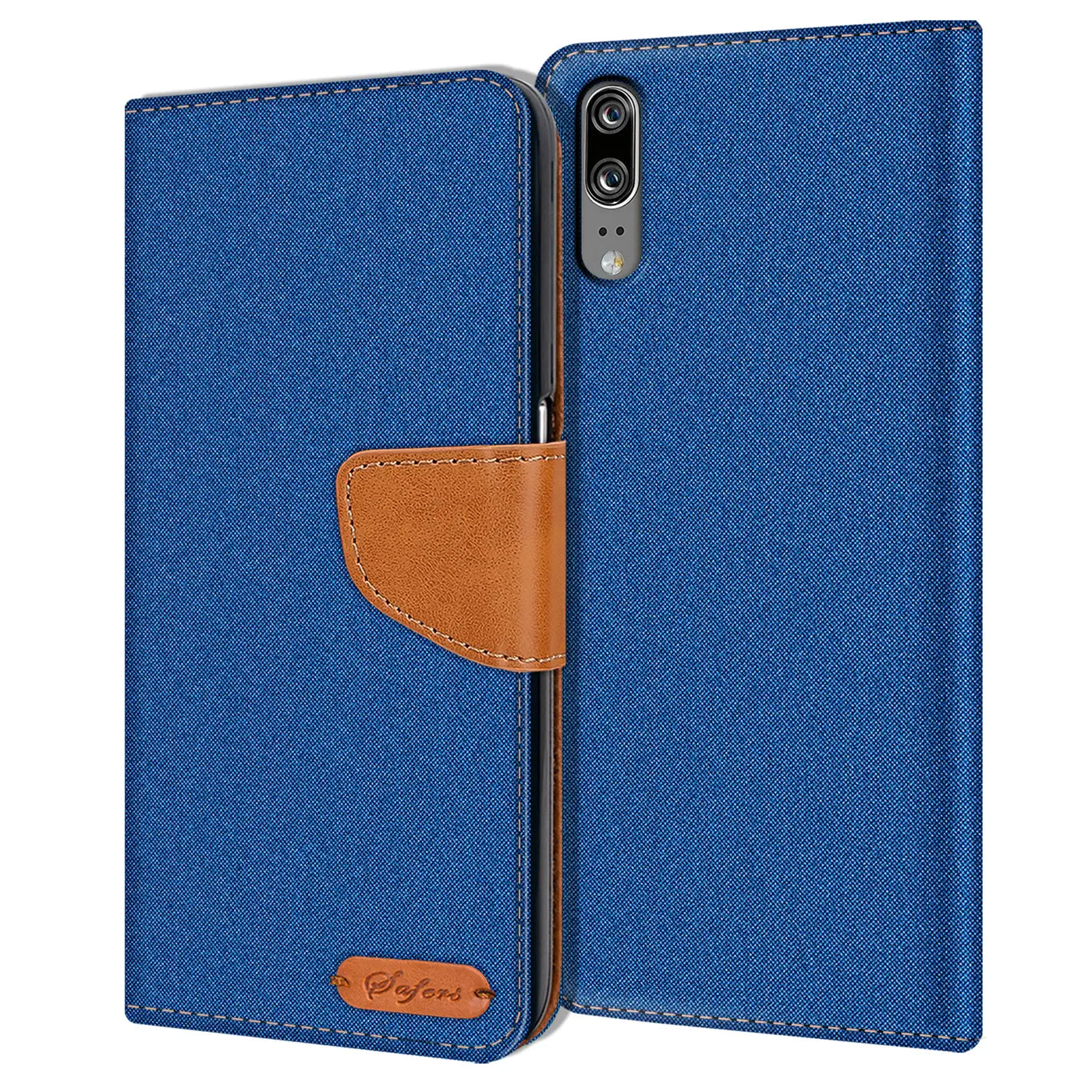 Blaue Textil-Klapphülle mit braunem Lederriemen und Kartenfach, Vorderansicht, Huawei P20.