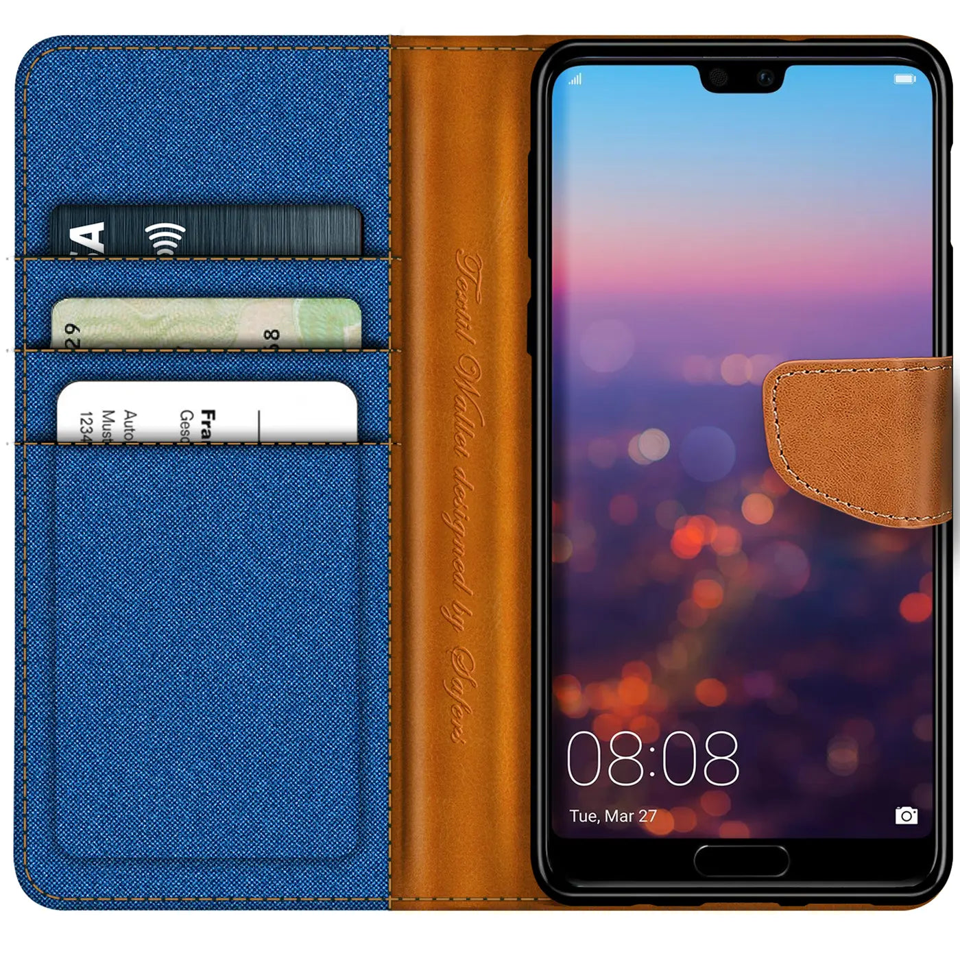 Blaues Textil-Klapp-Etui mit braunen Lederdetails, Kartenfächern, zeigt Huawei P20.