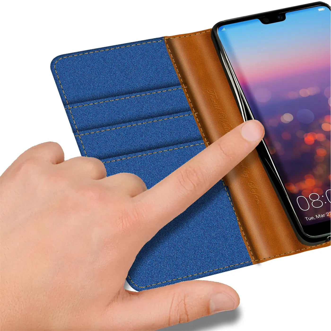 Blaue Textil-Klapphülle mit braunem Lederdetail und Kartenfächern, zeigt Huawei P20.