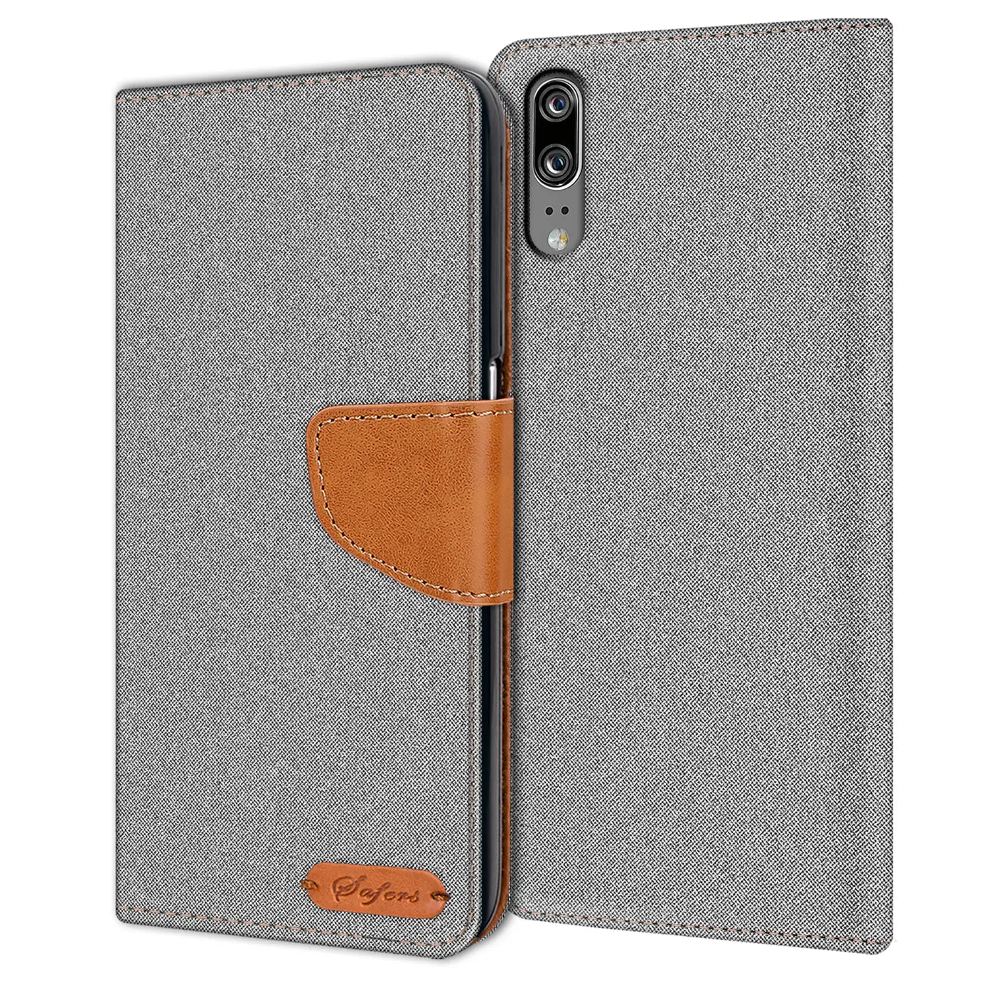 Graue Textil-Klapphülle mit braunem Lederakzent, Huawei P20 sichtbar, von vorne.