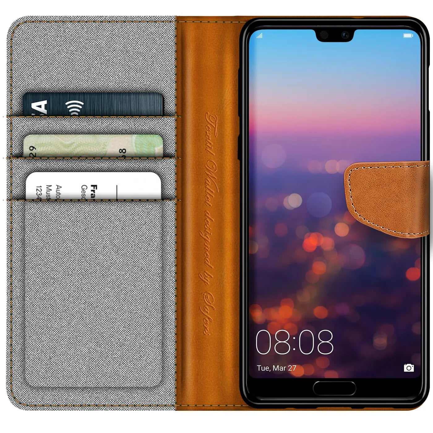 Graue Textilhülle mit braunen Lederakzenten, offen, zeigt Huawei P20 mit Kartenfächern.