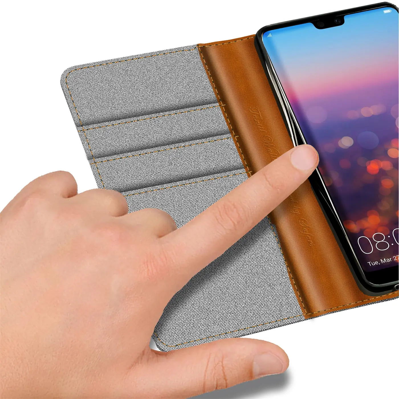 Graue Textilhülle mit braunen Lederakzenten, Kartenfächern, Huawei P20, Nahaufnahme
