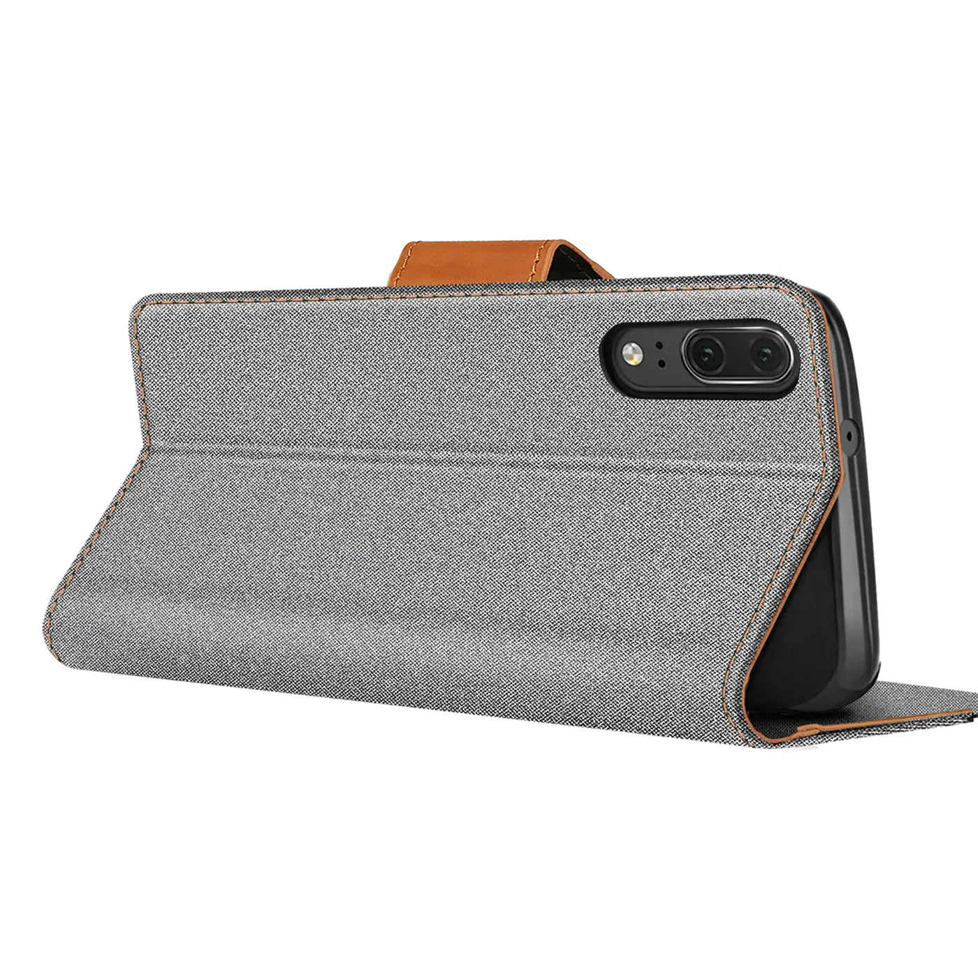 Graue Textil-Klapphülle mit braunem Lederriemen, von der Seite, zeigt Huawei P20 mit Kamera.