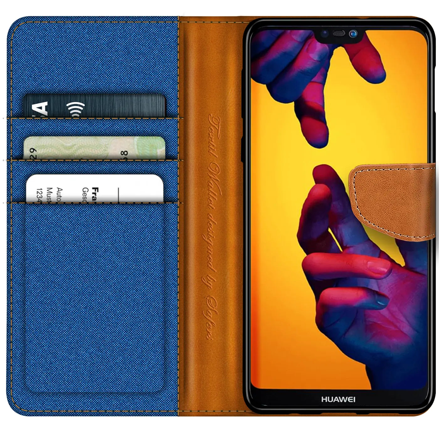 Blaue Textil-Klapphülle mit braunen Lederdetails, Kartenfächern und Huawei P20 Lite.