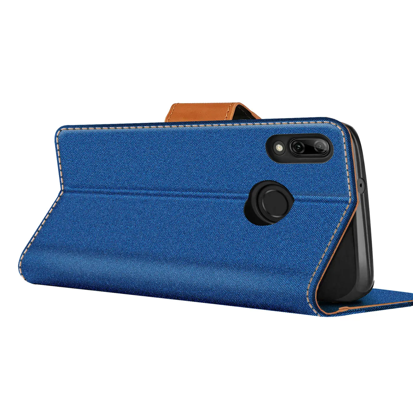 Blaue Textil-Klapphülle für Huawei P20 Lite, von der Seite, mit Kartenfach
