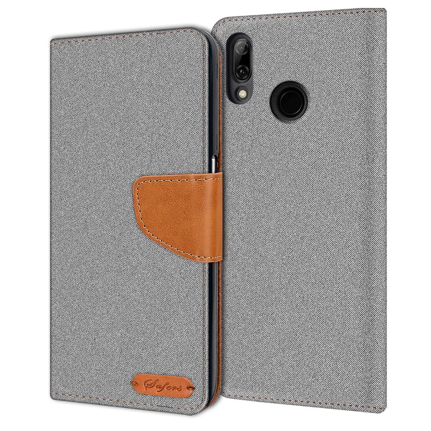 Graue Textil-Klapphülle mit braunem Lederakzent, offen gezeigt, Huawei P20 Lite Rückseite sichtbar.