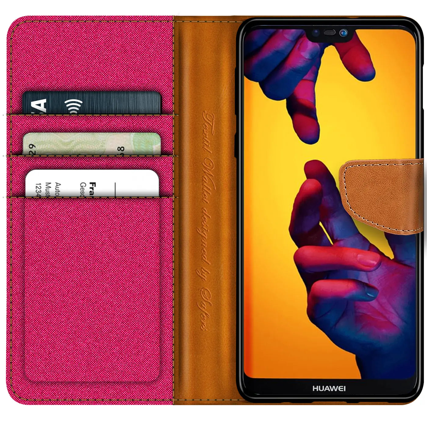 Textil-Klapphülle in Pink/Braun mit Kartenfächern, Huawei P20 Lite, Frontansicht