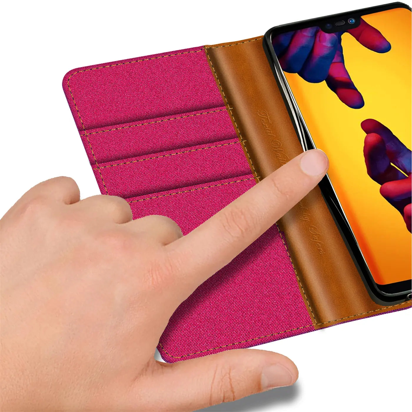 Pink Textil-Klapphülle mit braunem Lederdetail und Kartenfächern, zeigt Huawei P20 Lite.