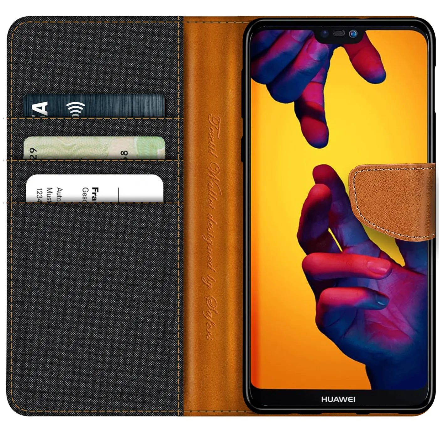 Textil-Klapphülle mit Kartenfach, braun/schwarz, für Huawei P20 Lite.