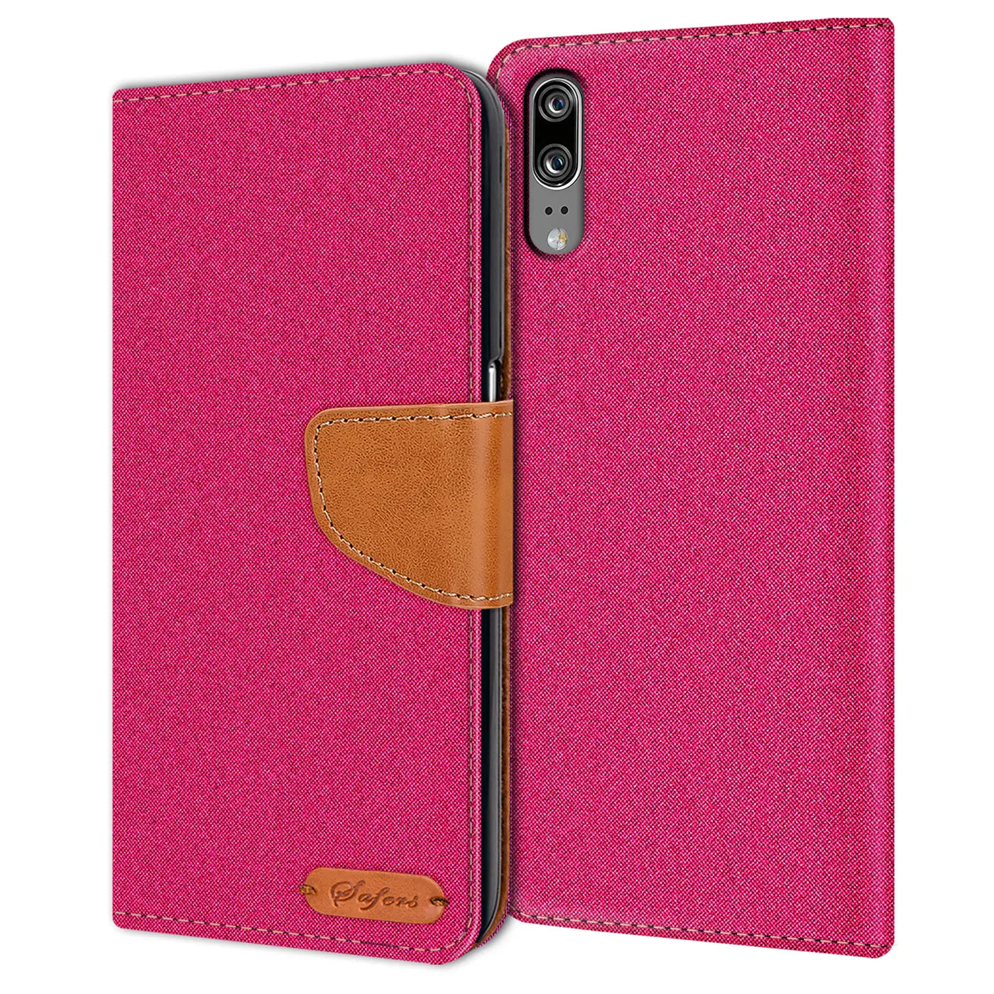 Fuchsia Textil-Klapphülle mit braunem Lederriemen, Huawei P20 erkennbar.