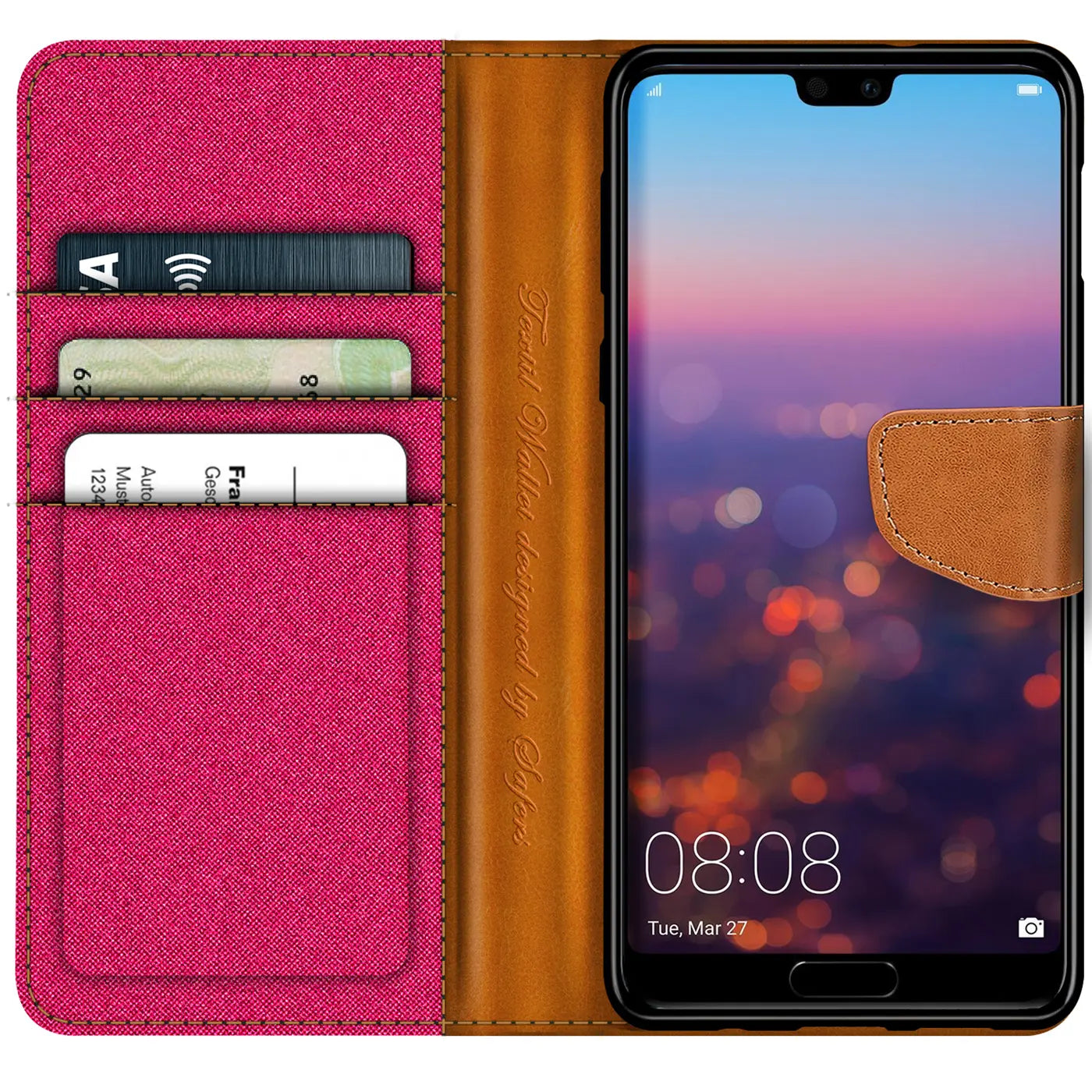 Textil-Klapphülle in Pink/Braun mit Kartenfächern, Huawei P20, Vorderansicht