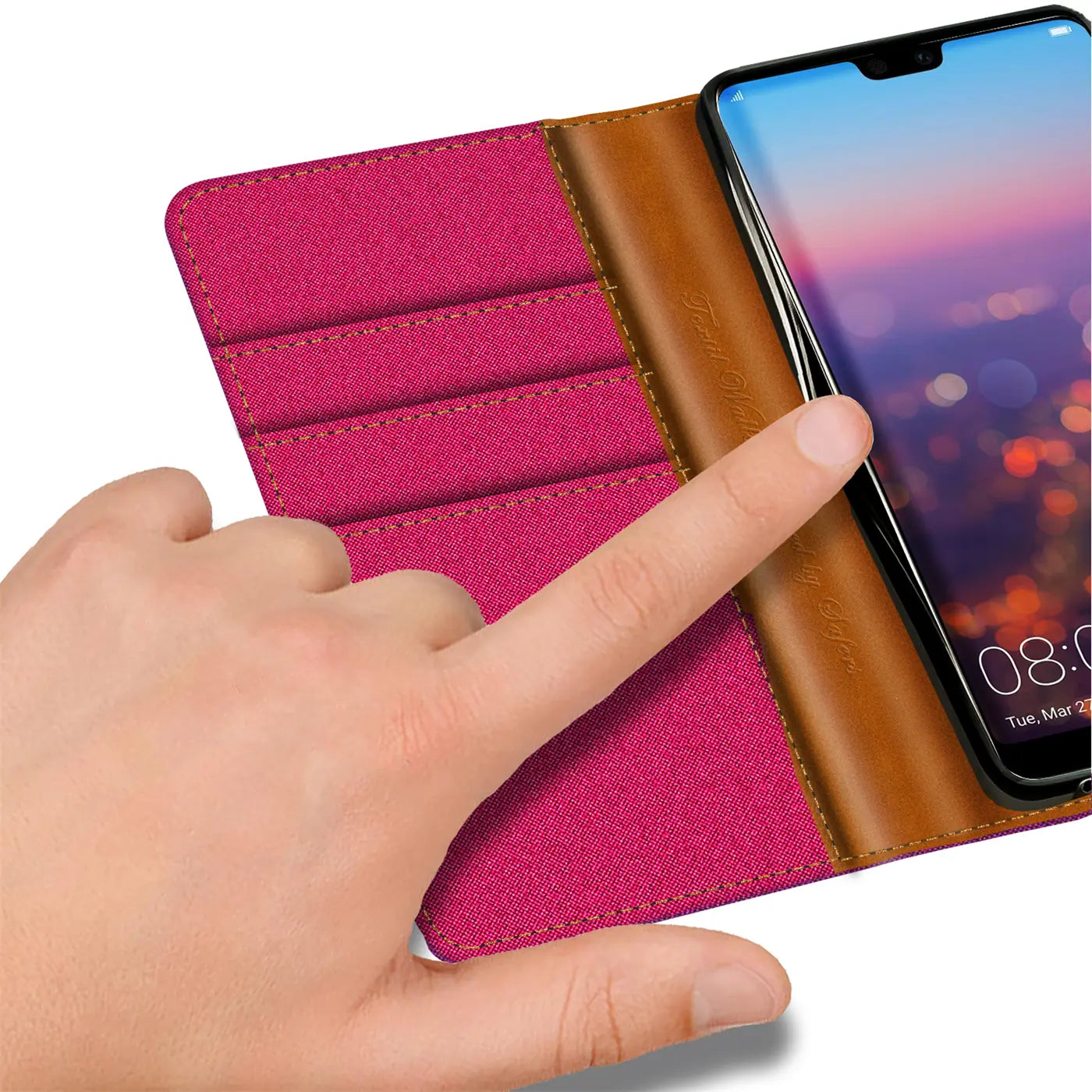Pink Textil Klapphülle mit Kartenfach, braunes Leder, Huawei P20, Nahaufnahme