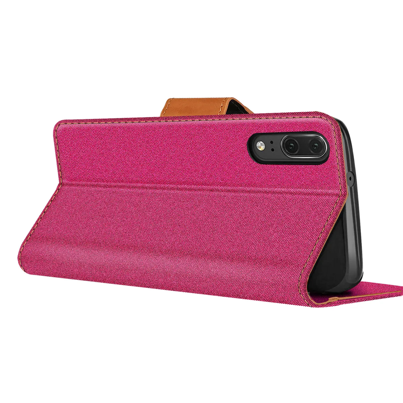 Pink Textil-Klapphülle mit braunem Riemen, seitliche Ansicht, Huawei P20 erkennbar.