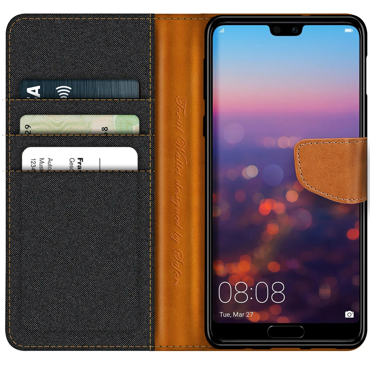 Huawei P20 Klapphülle, Textil/Leder, von vorn, mit Kartenfach