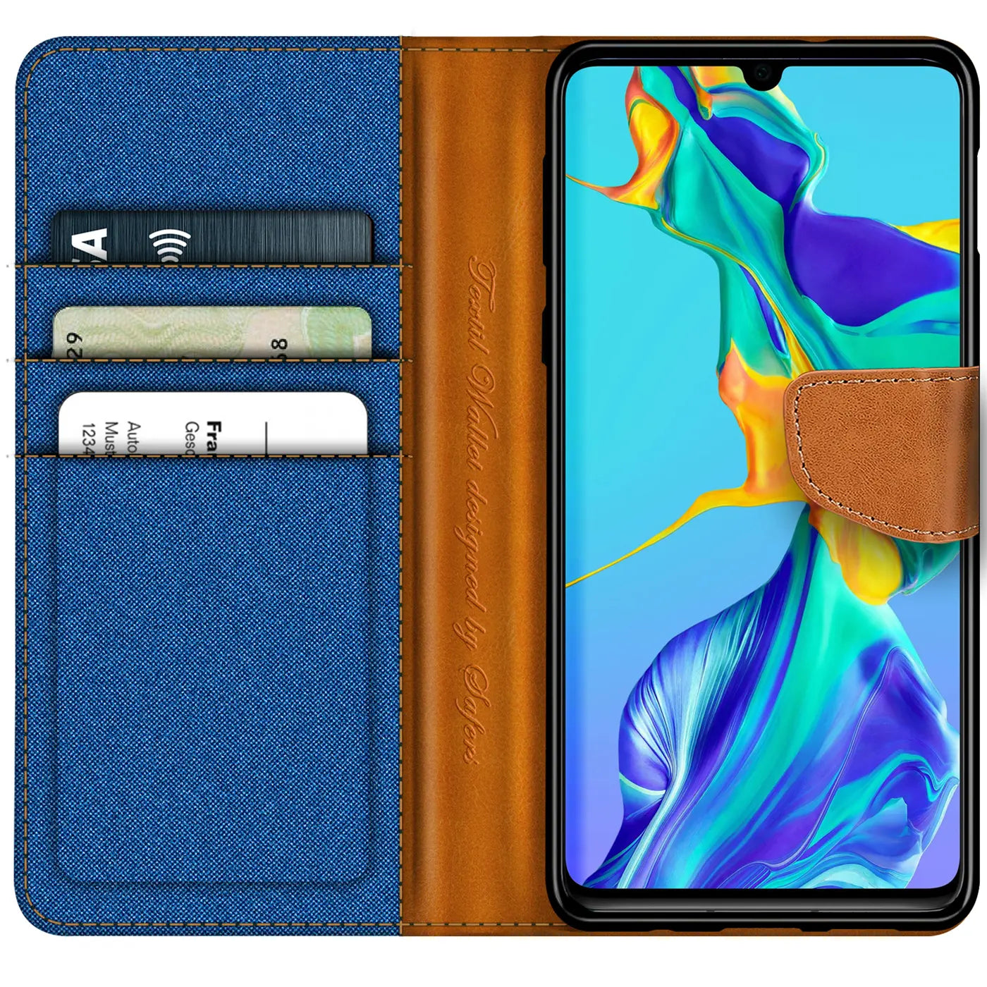 Blaues Textil-Flip-Case mit braunen Lederdetails, Kartenfächern, zeigt Huawei P30.