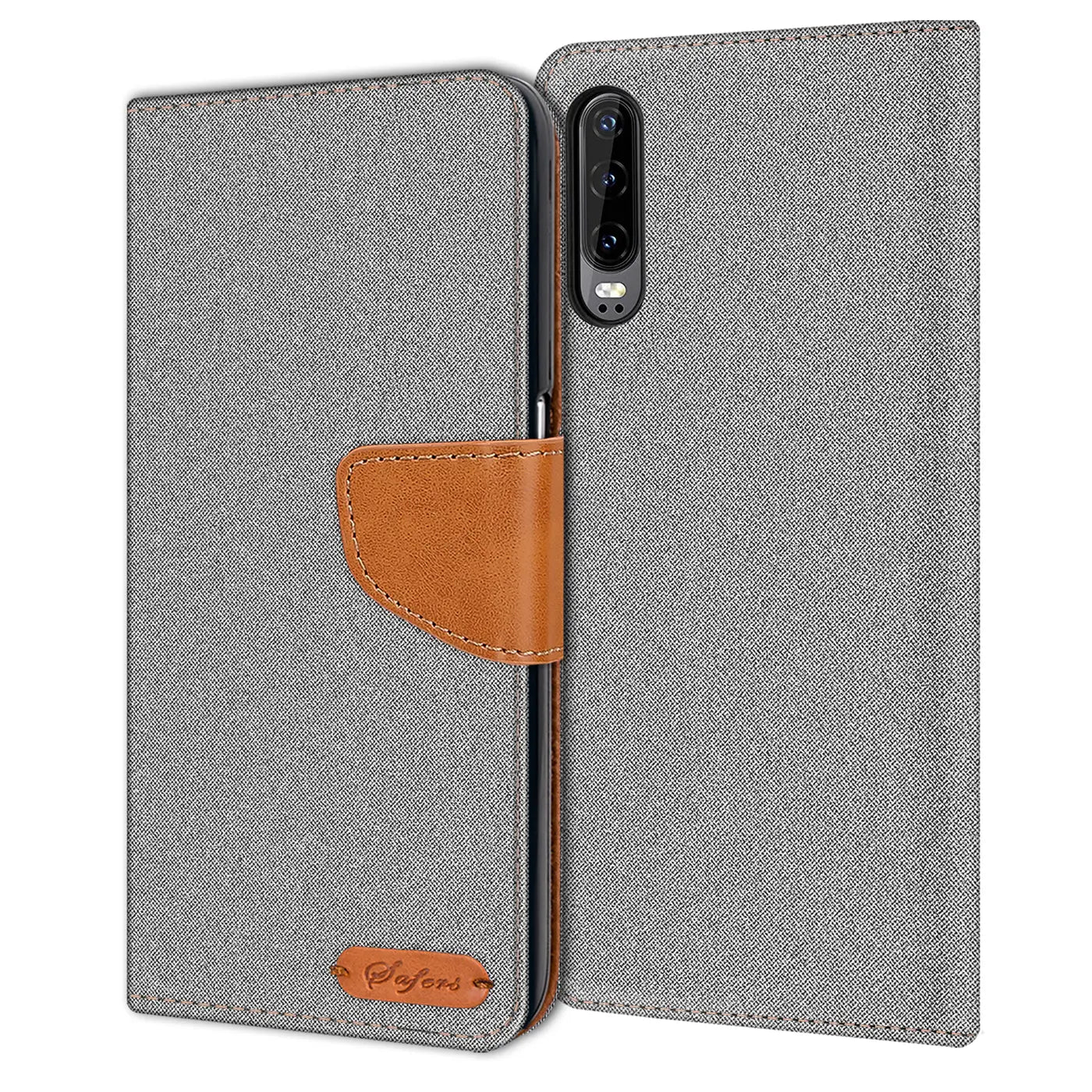 Graue Textil-Klapphülle mit braunem Lederakzent, Huawei P30 sichtbar, von vorne.