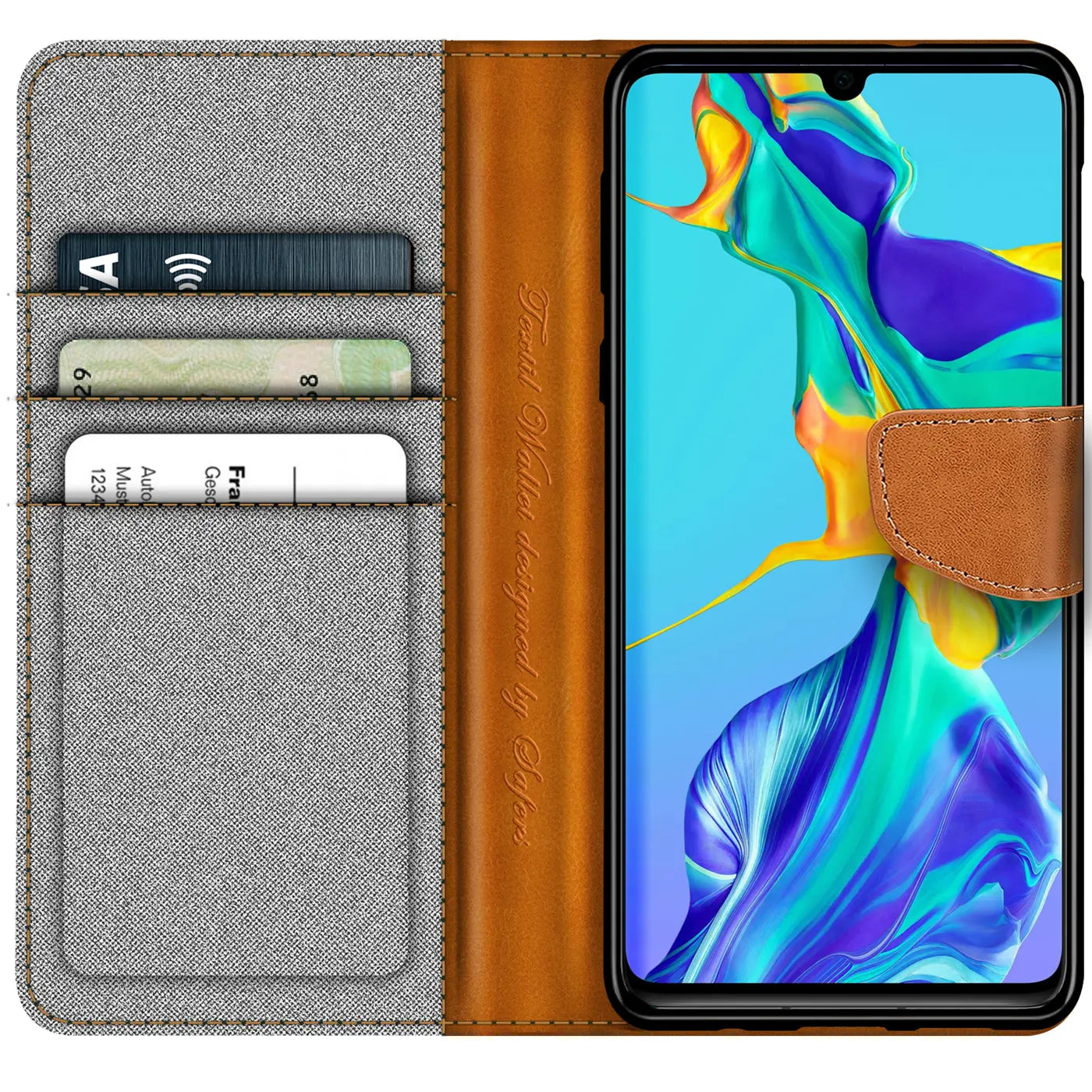 Graue Textilhülle mit braunen Lederdetails für Huawei P30, von vorne, mit Kartenfach.