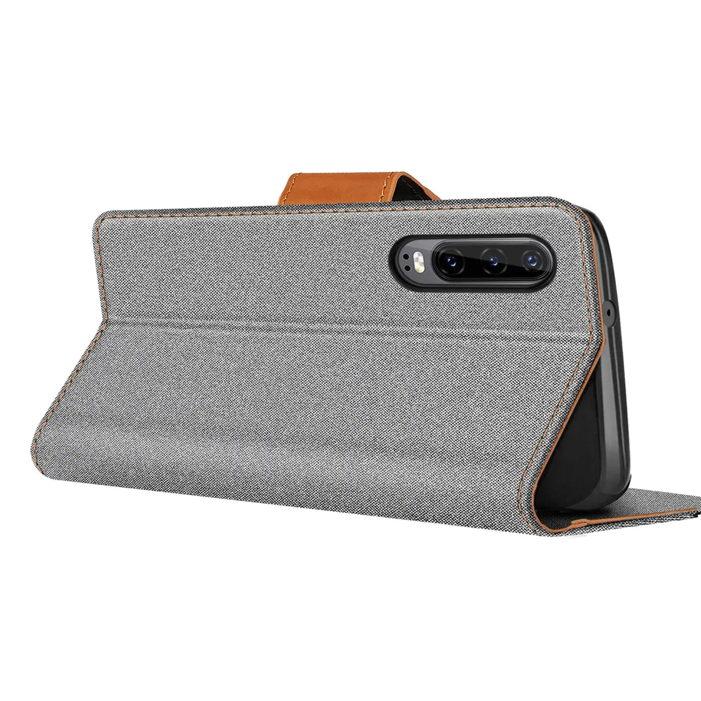 Graue Textil-Klapphülle mit braunem Lederriemen, Seitenansicht, Huawei P30 mit Kamera