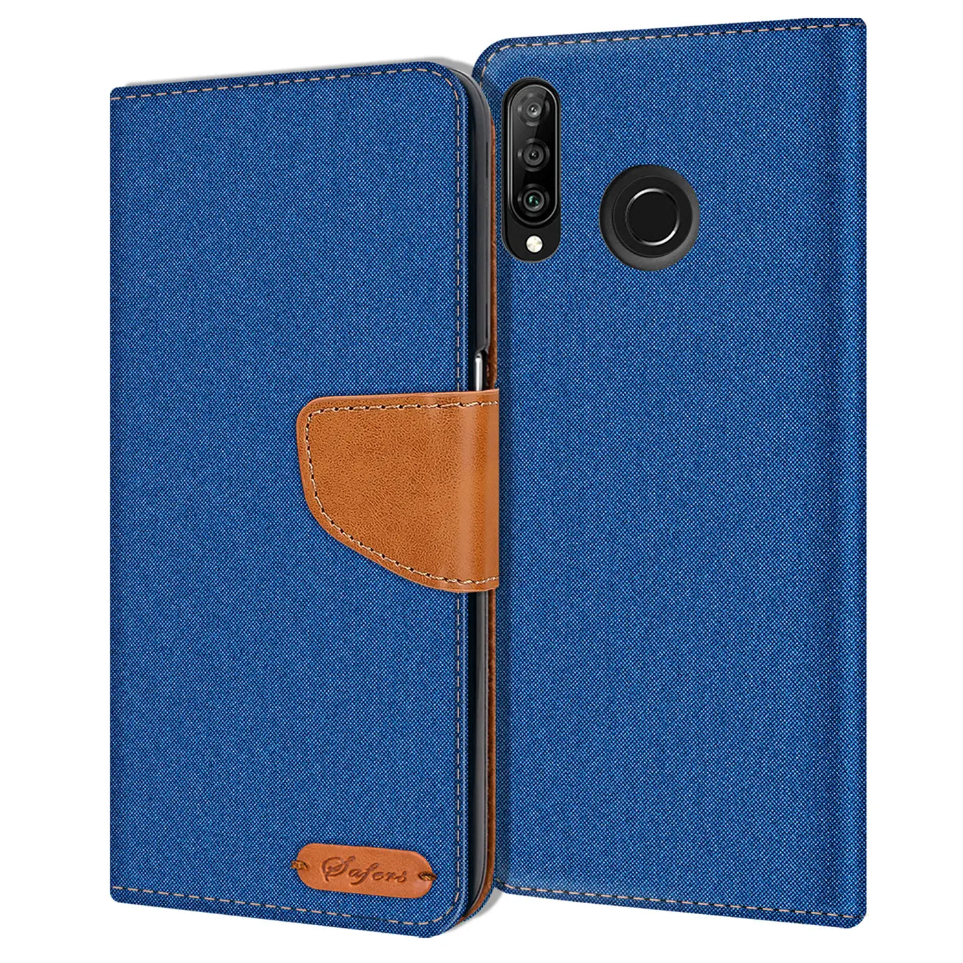 Blaue Textil-Klapphülle mit braunem Lederriemen, Huawei P30 Lite Rückseite sichtbar.