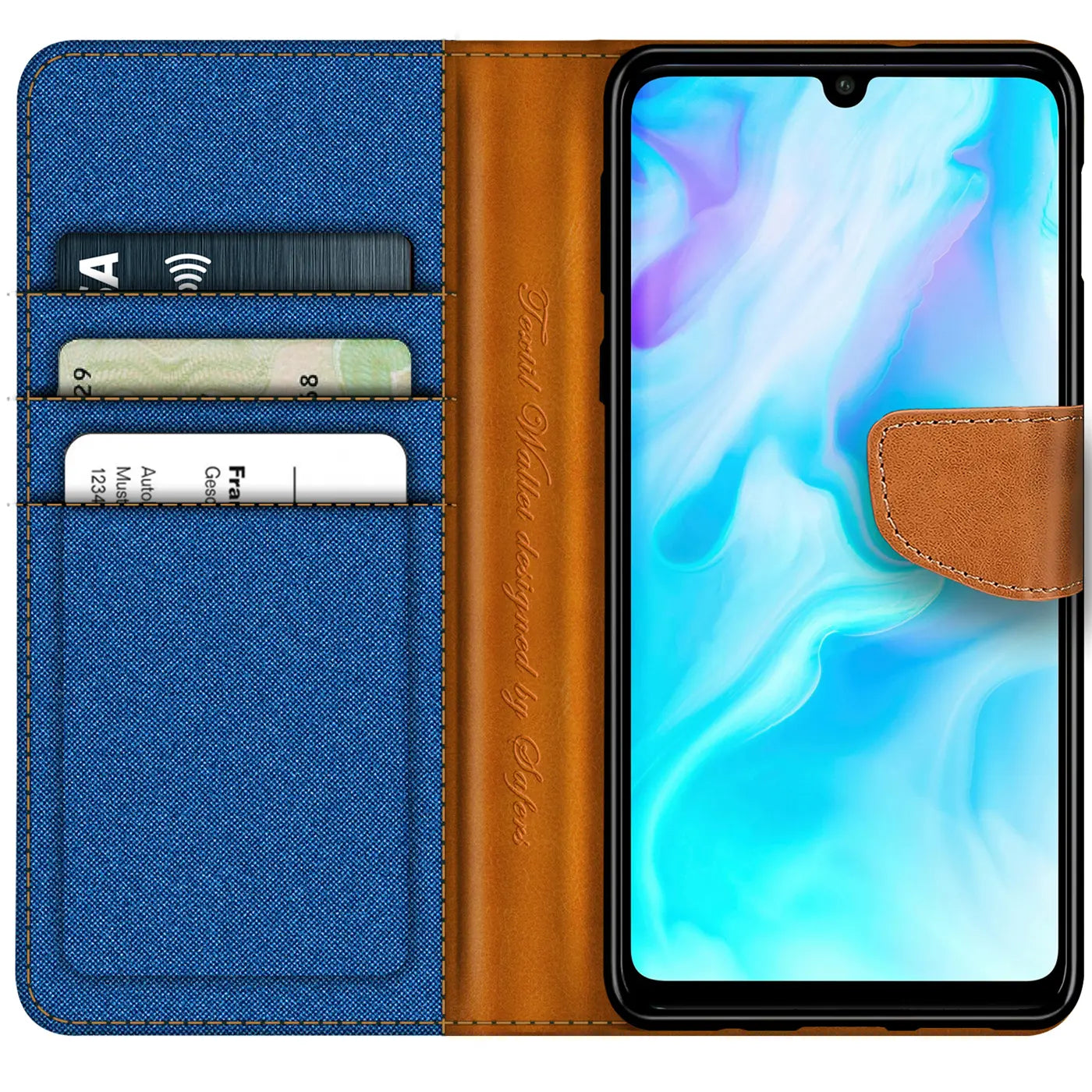Blaue Textil-Klapphülle mit braunen Lederdetails, von vorne, zeigt Huawei P30 Lite mit Kartenfächern.