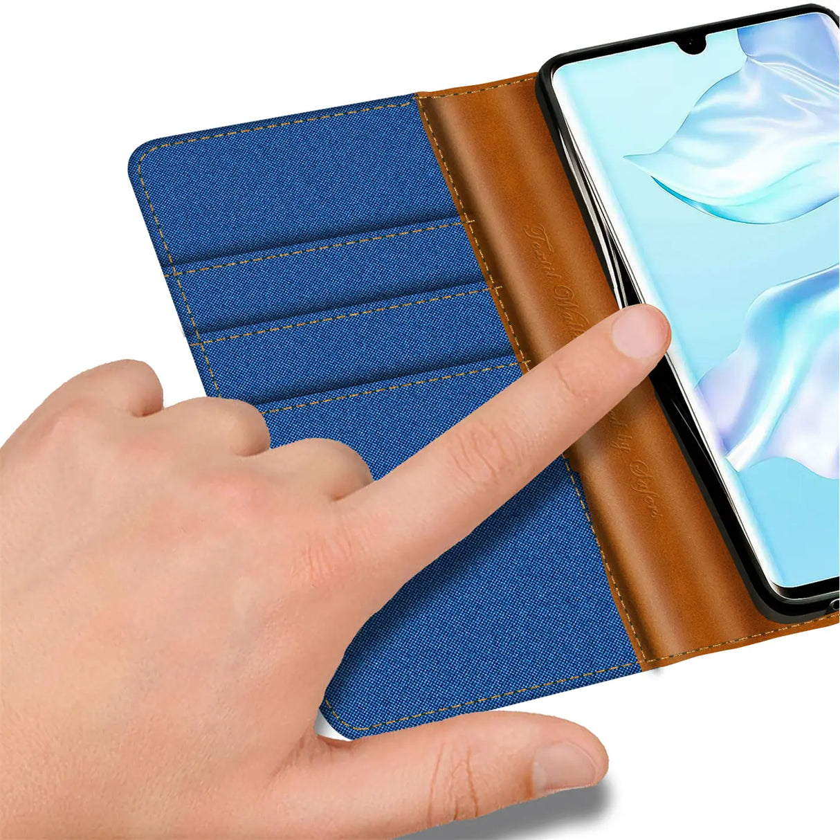 Huawei P30 Lite Klapphülle im Jeanslook mit Karten- und Geldfach