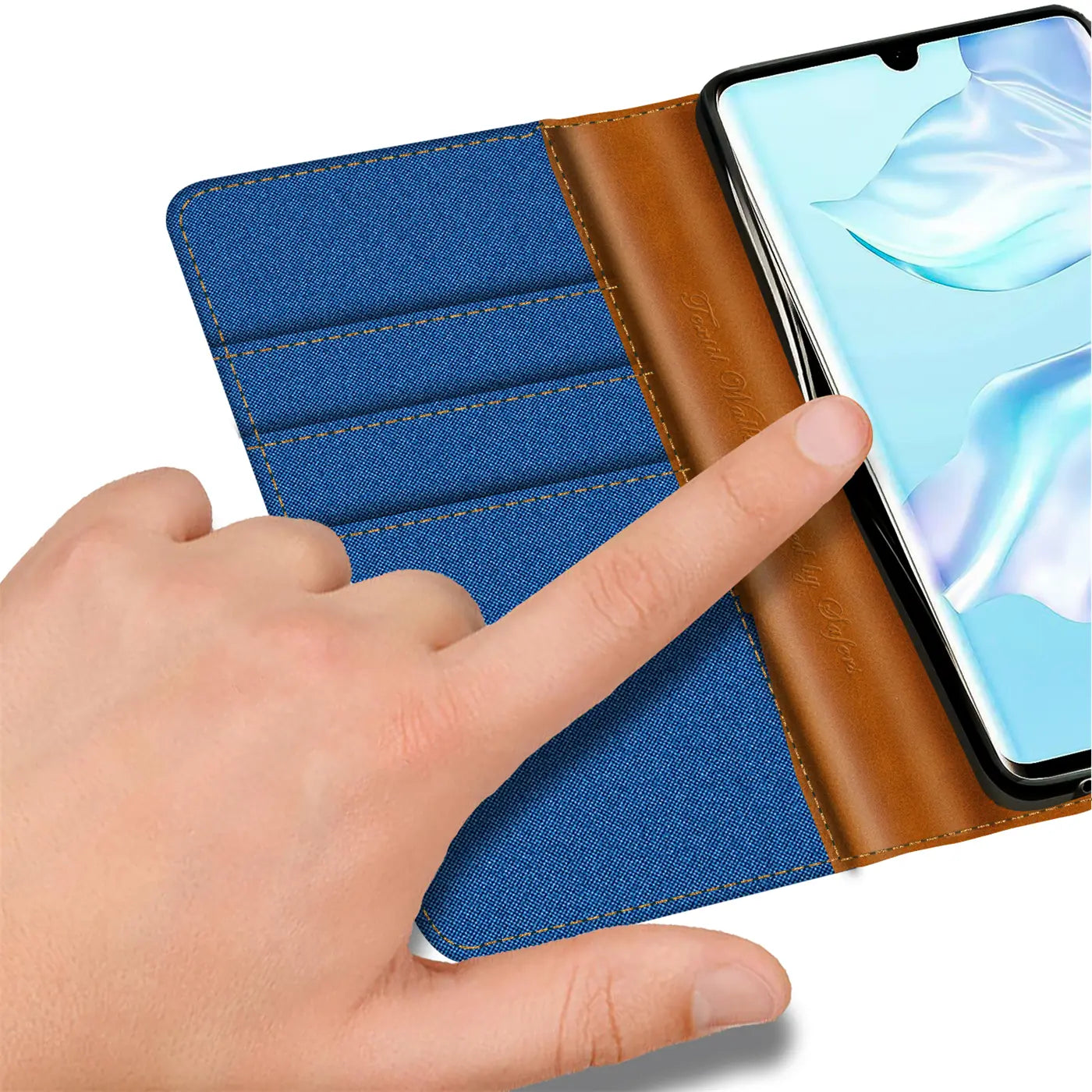 Blaues Textil-Klapphülle mit braunem Leder, Huawei P30 Lite, von oben