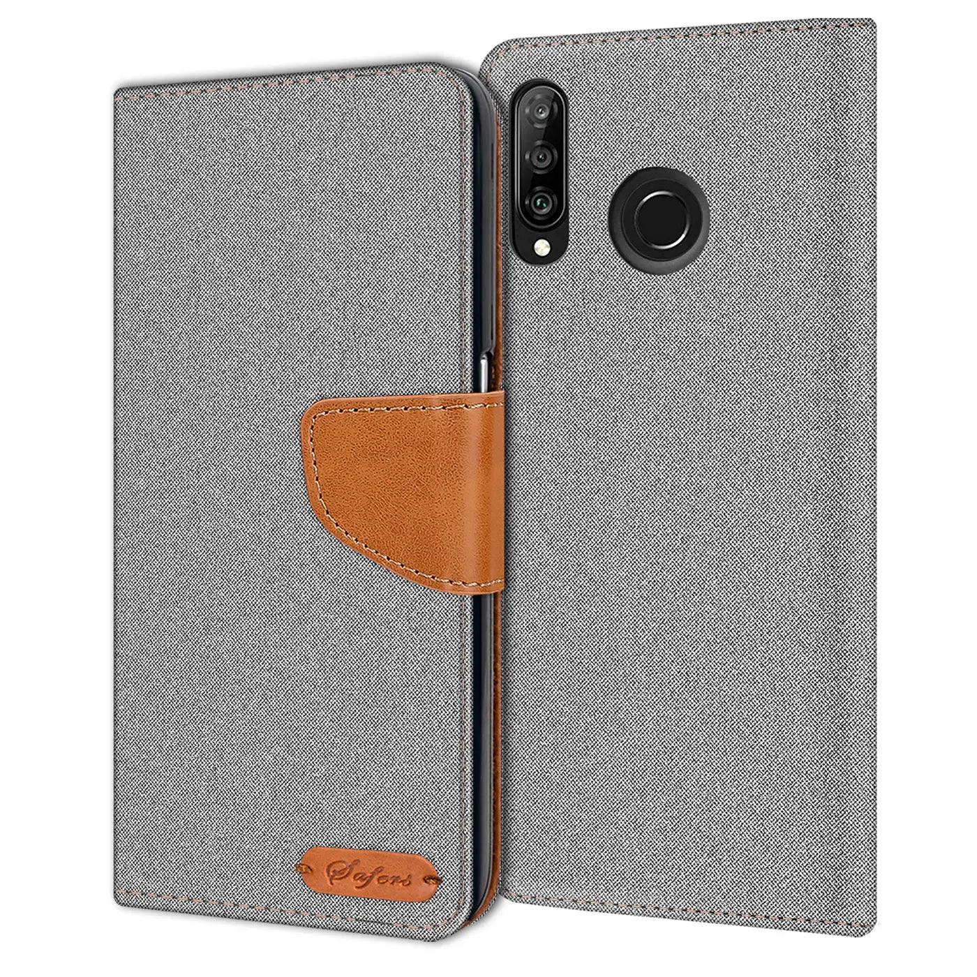 Graue Textil-Klapphülle mit braunem Lederakzent für Huawei P30 Lite, von vorne.