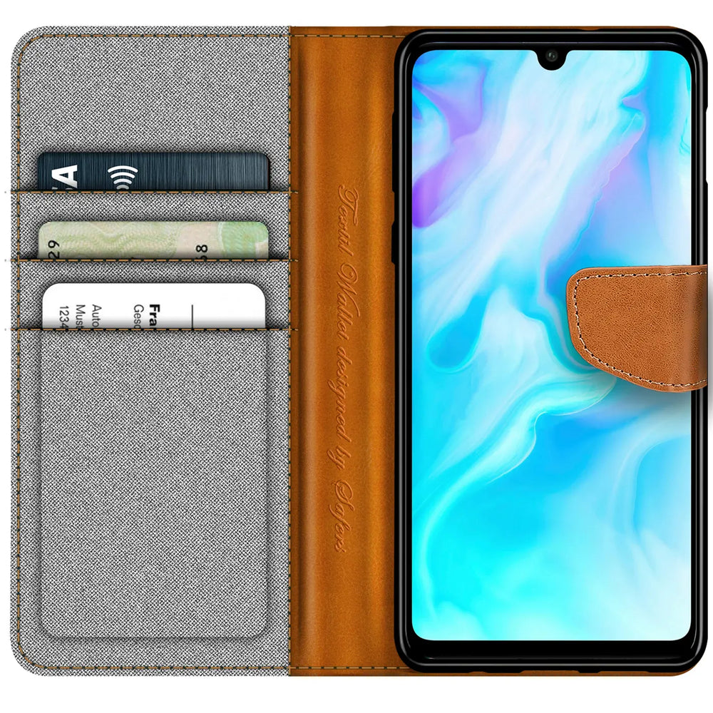 Huawei P30 Lite Klapphülle im Jeanslook mit Karten- und Geldfach