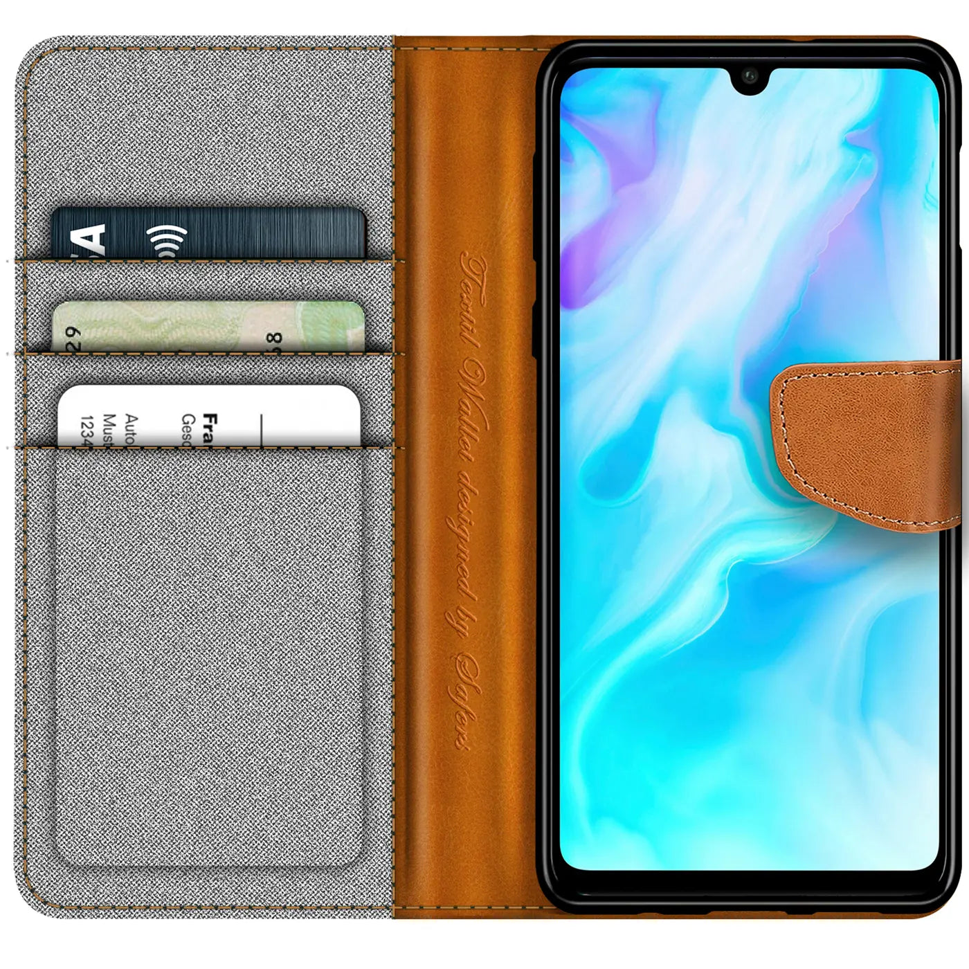 Graue Textil-Klapphülle mit braunen Lederdetails, offen, zeigt Huawei P30 Lite und Kartenfächer.