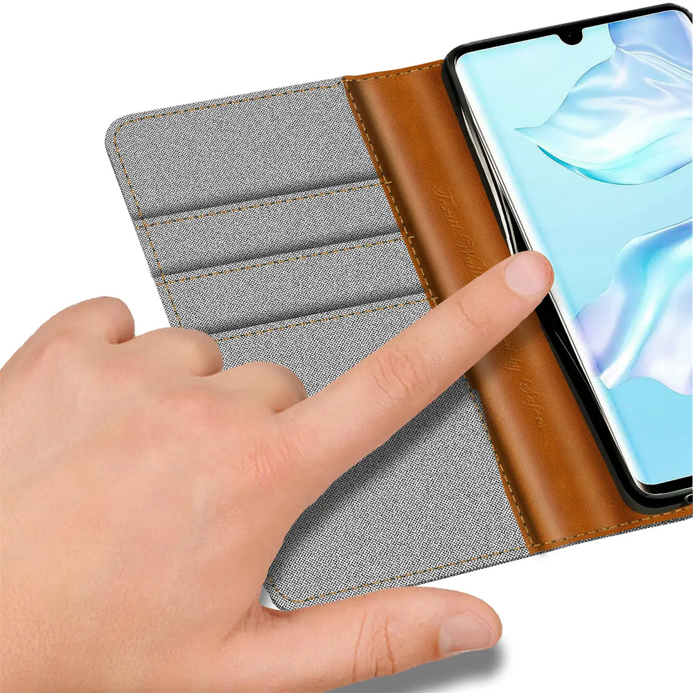 Huawei P30 Lite Klapphülle im Jeanslook mit Karten- und Geldfach