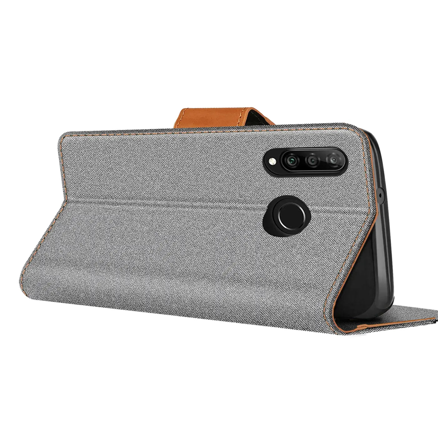 Graue Textil-Klapphülle mit braunem Lederriemen, Seitenansicht, zeigt Huawei P30 Lite.