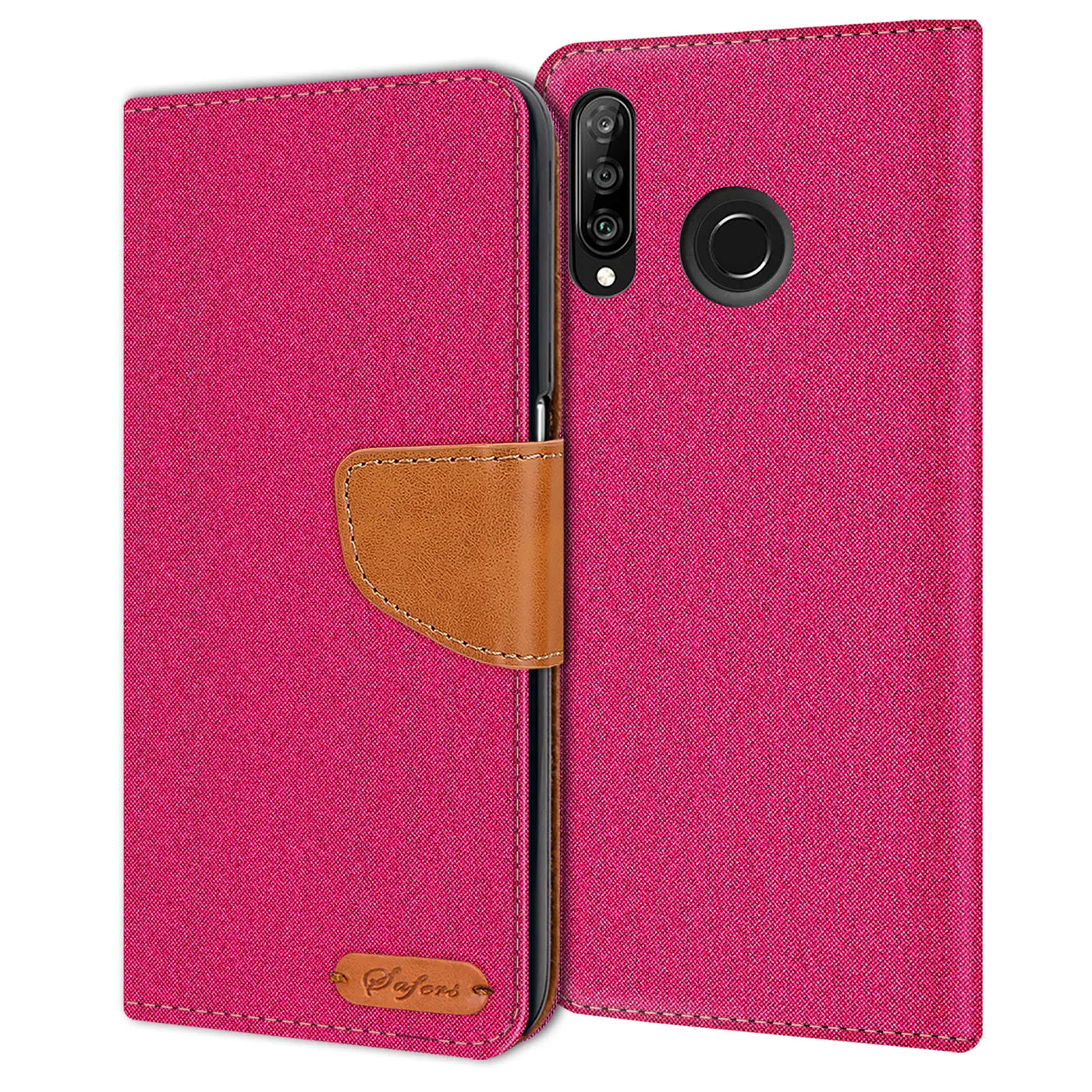 Fuchsia Textil Klapphülle mit braunem Lederriemen, Huawei P30 Lite Rückseite sichtbar.